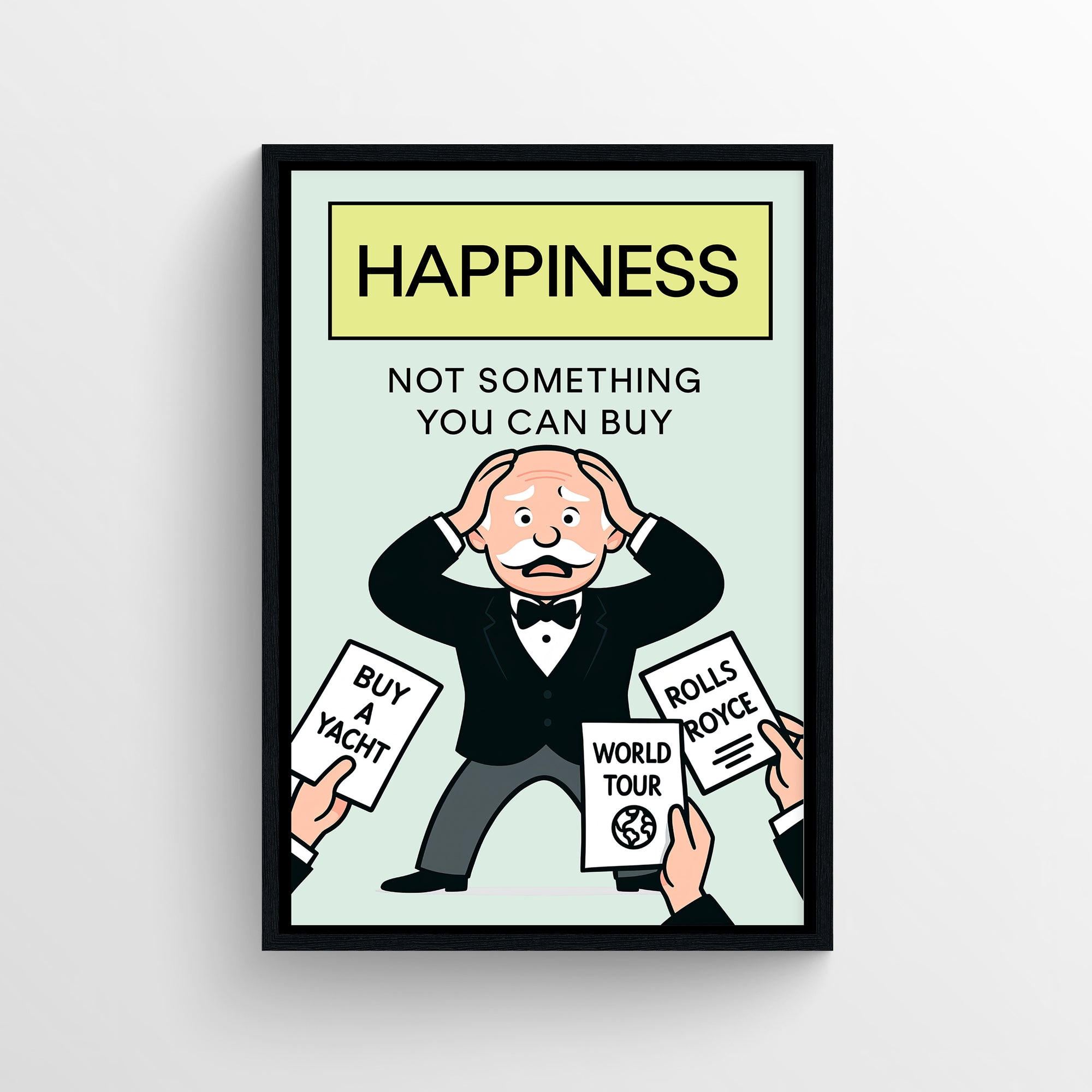 Minimalist “Happiness — Not Something You Can Buy” poster with a yellow header, clean typography, and a cartoon figure overwhelmed by luxury purchase offers — modern wall art for dorms, studios, and apartments by CollegeWares.