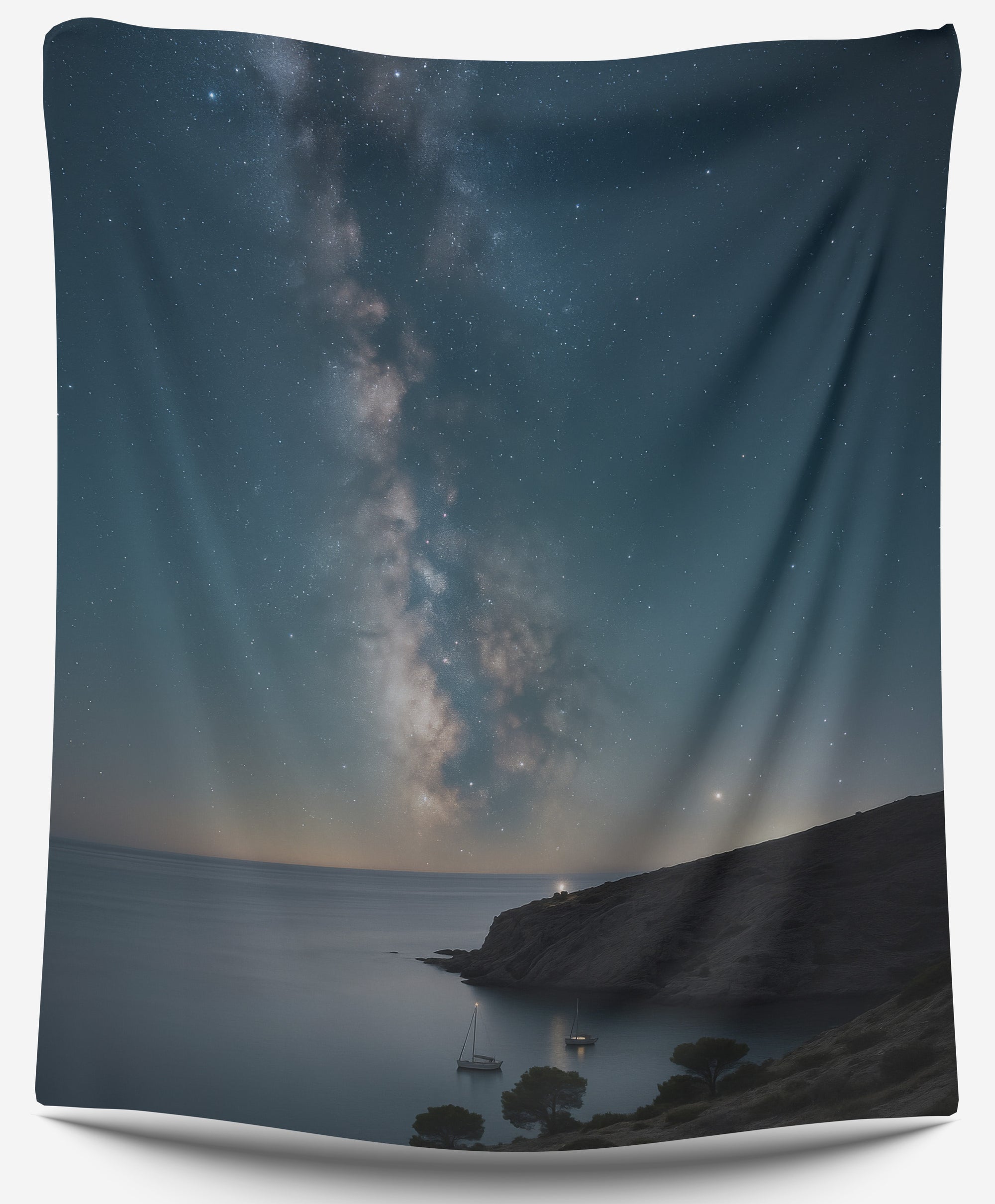 Milky Way galaxy over calm ocean bay tapestry with sailboats, night sky coastal wall art by CollegeWares.