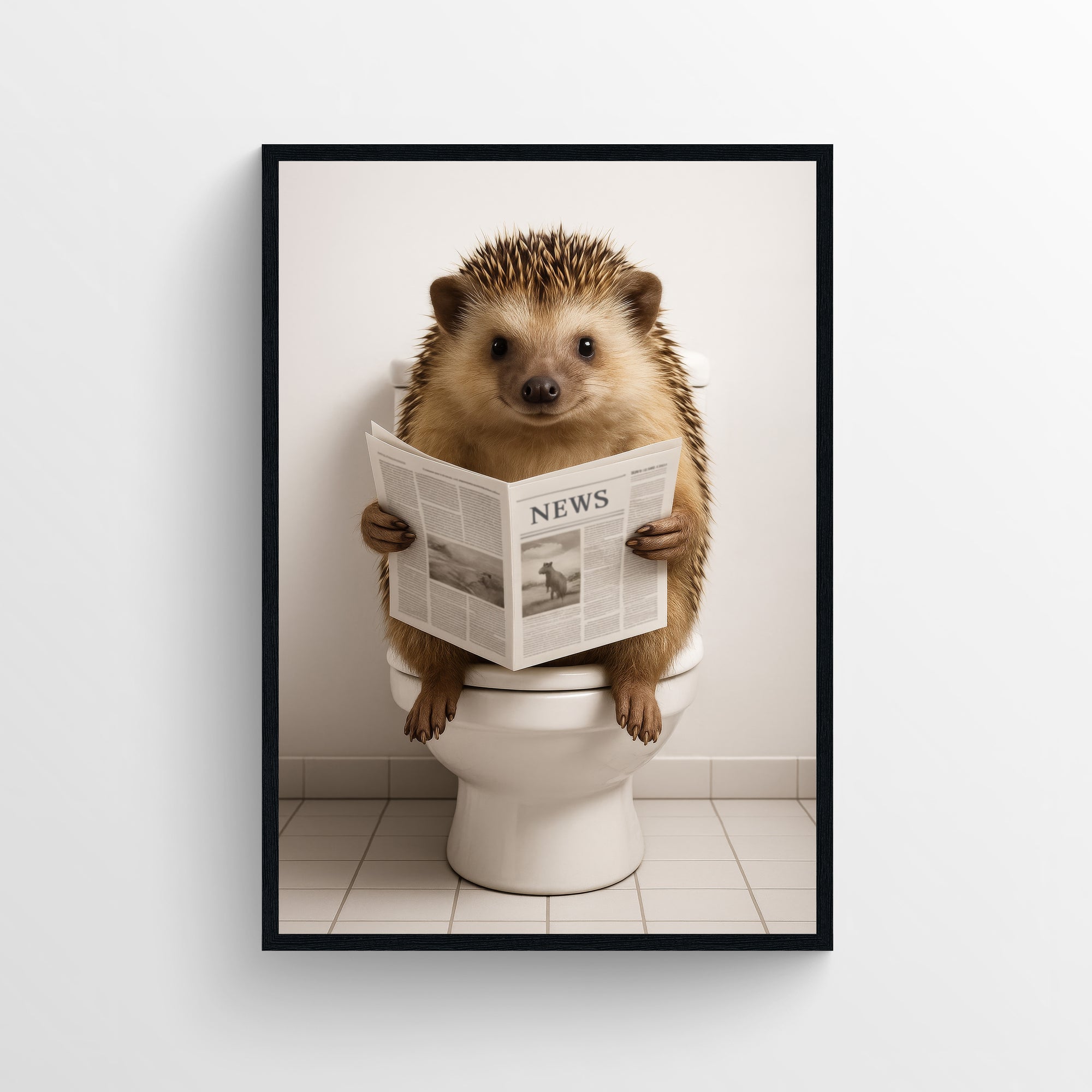 Photorealistic hedgehog sitting on a toilet reading a newspaper in a minimalist bathroom — funny bathroom poster with modern wall art style for apartments, dorms, and guest bathrooms by CollegeWares.