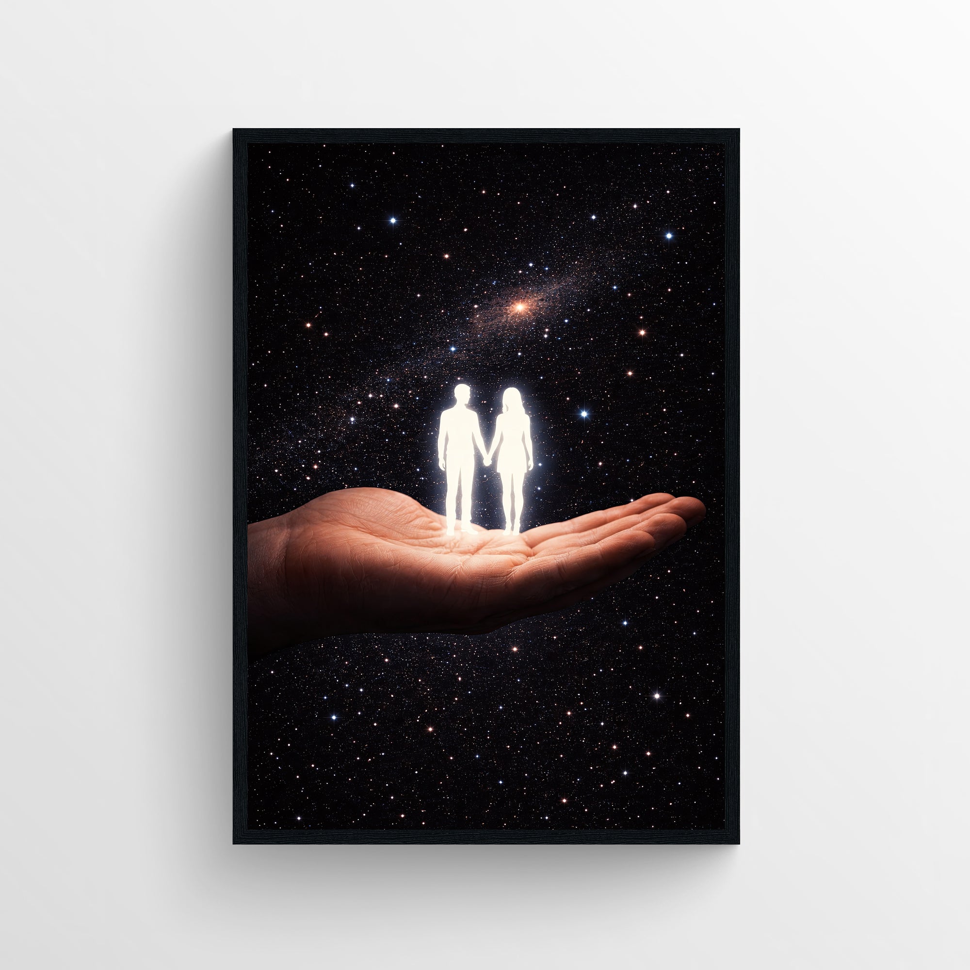 Trippy surreal wall poster showing two glowing figures held in a human hand against a starry universe — modern aesthetic room decor and surreal art print for college rooms, apartments, and creative studios by CollegeWares.