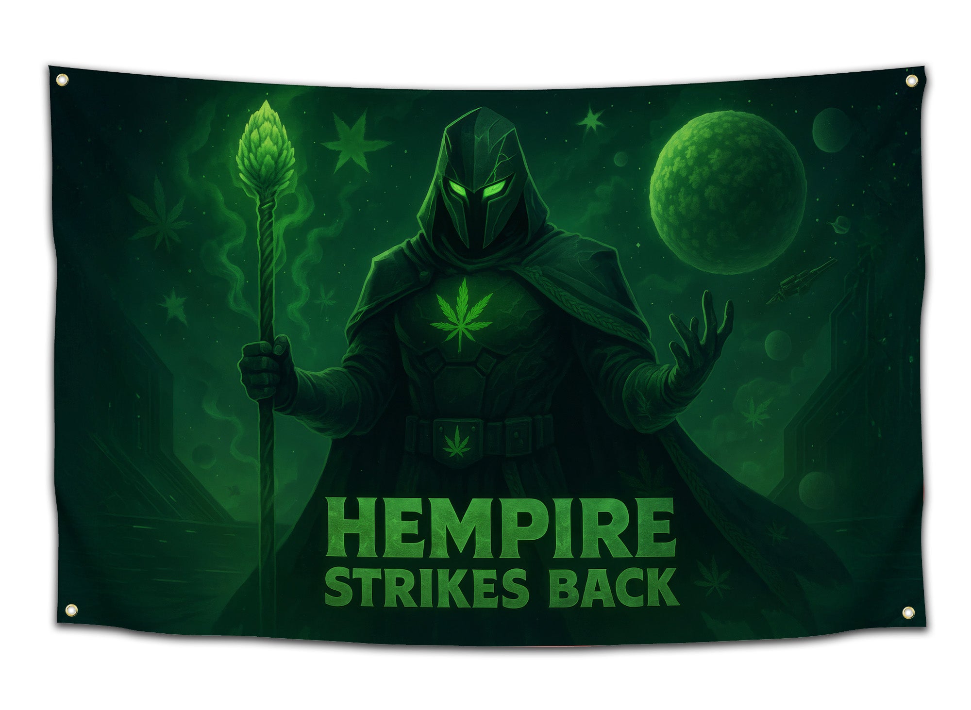Green sci-fi weed flag featuring a hooded villain with glowing eyes, hemp staff, and space background — “Hempire Strikes Back” parody flag by CollegeWares.