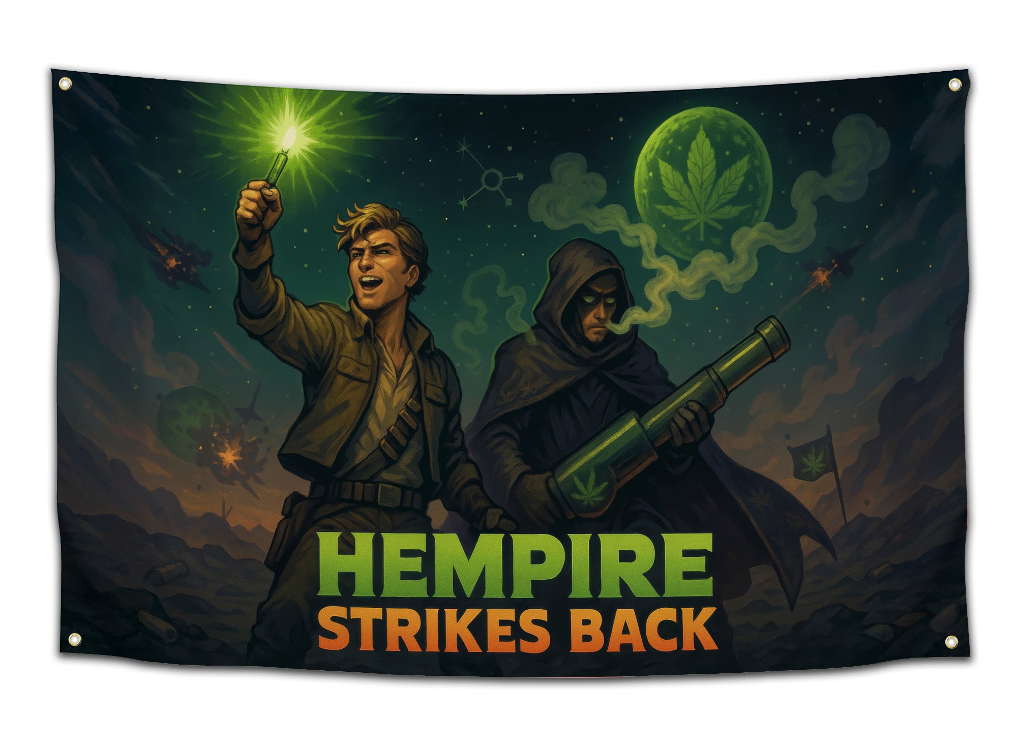 Cinematic “Hempire Strikes Back” flag with two adventurers holding glowing lighters and smoke blasters under a weed moon — stoner space parody art.