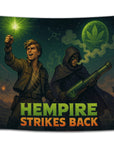 Cinematic “Hempire Strikes Back” flag with two adventurers holding glowing lighters and smoke blasters under a weed moon — stoner space parody art.
