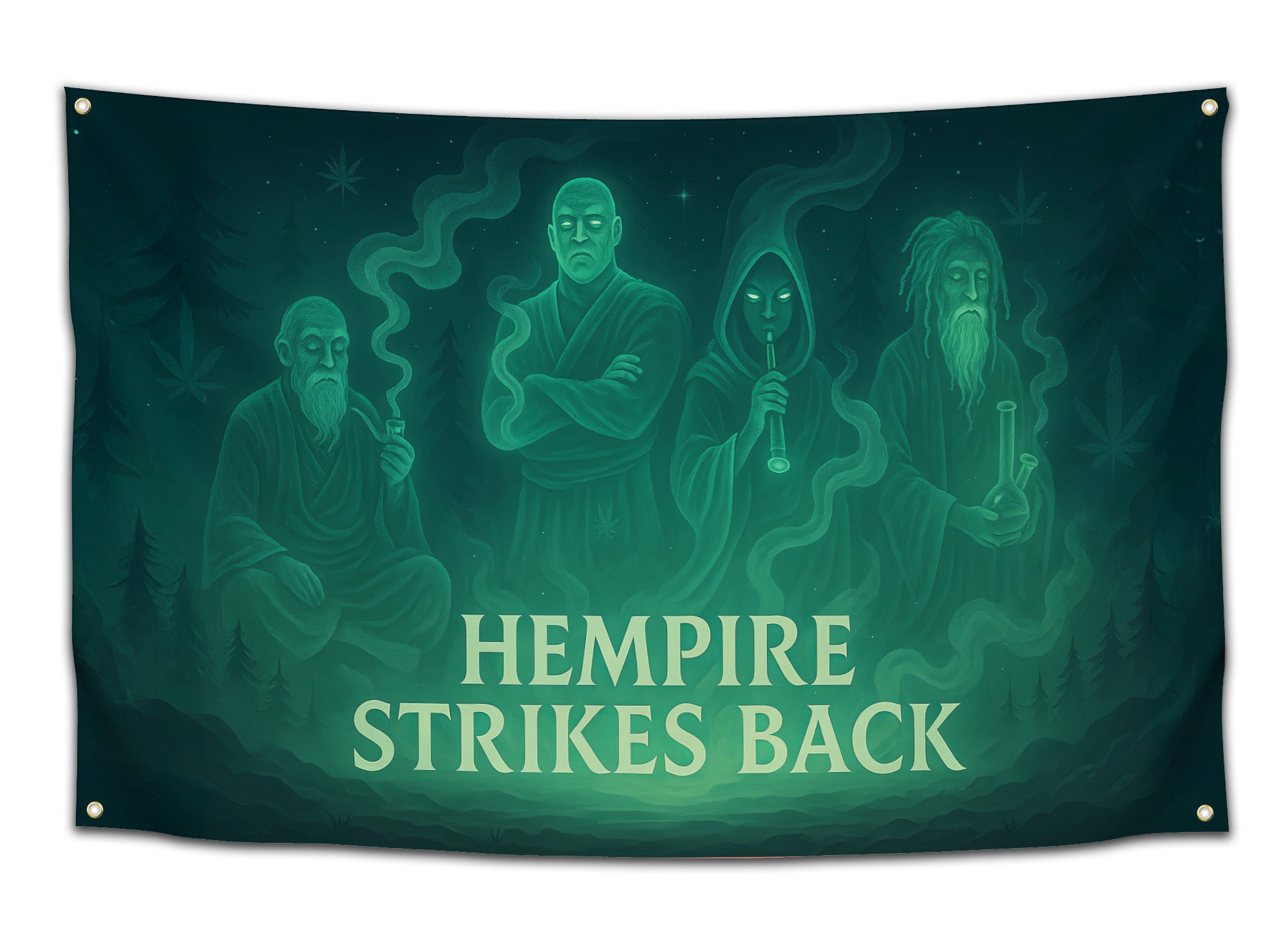 Serene “Hempire Strikes Back” flag with four mystical monks exhaling smoke in a dark forest, symbolizing peace and high wisdom — green stoner tapestry.