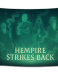 Serene “Hempire Strikes Back” flag with four mystical monks exhaling smoke in a dark forest, symbolizing peace and high wisdom — green stoner tapestry.