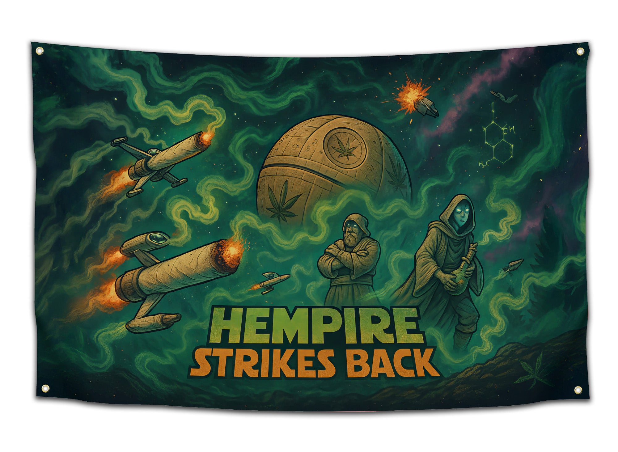 Action-packed weed parody flag featuring joint-shaped spaceships, cannabis planet, and cosmic smoke trails — “Hempire Strikes Back” by CollegeWares.