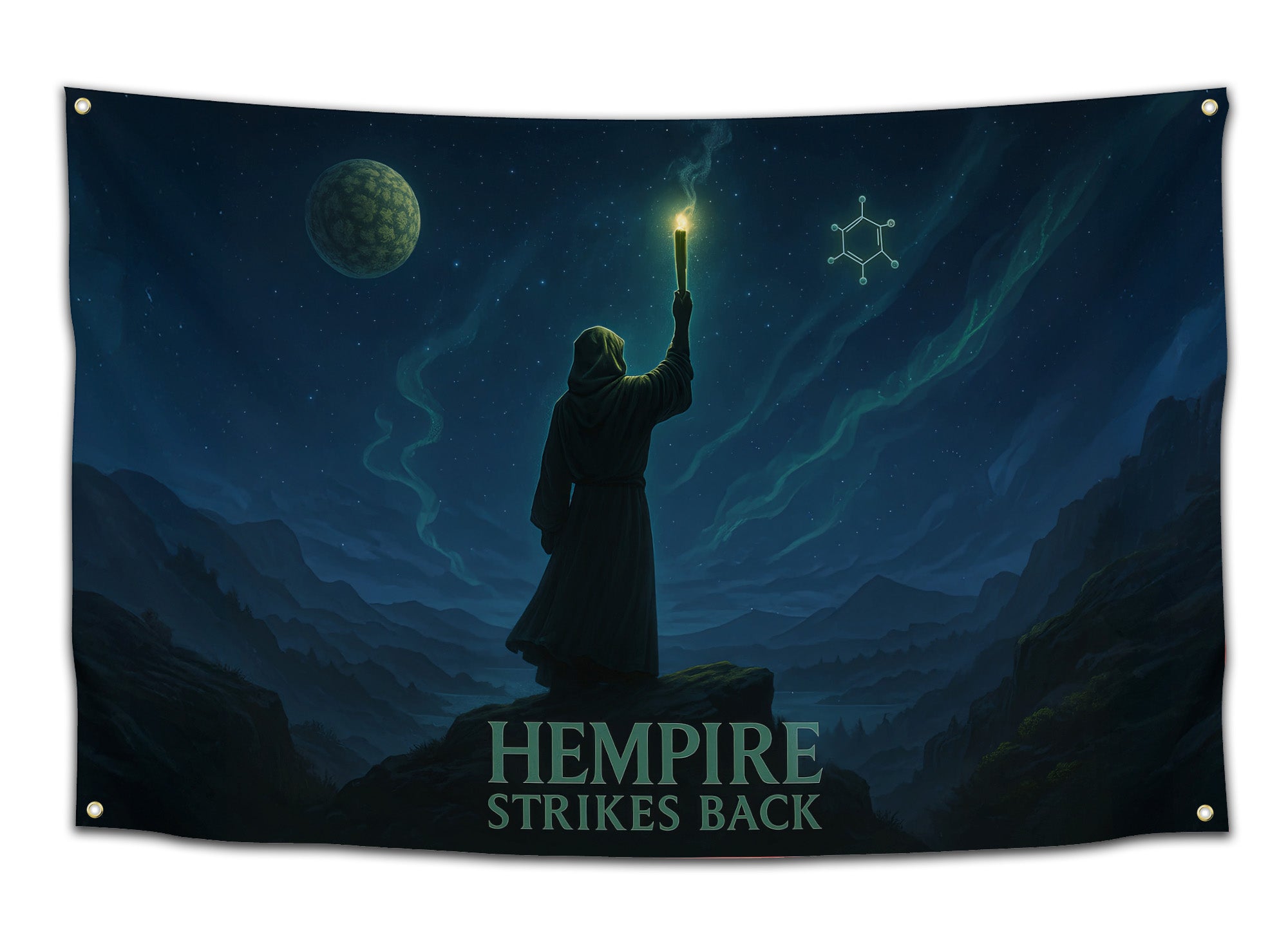 Minimalist “Hempire Strikes Back” flag showing a lone hooded figure raising a lit joint under a starry night sky and weed-themed constellations.