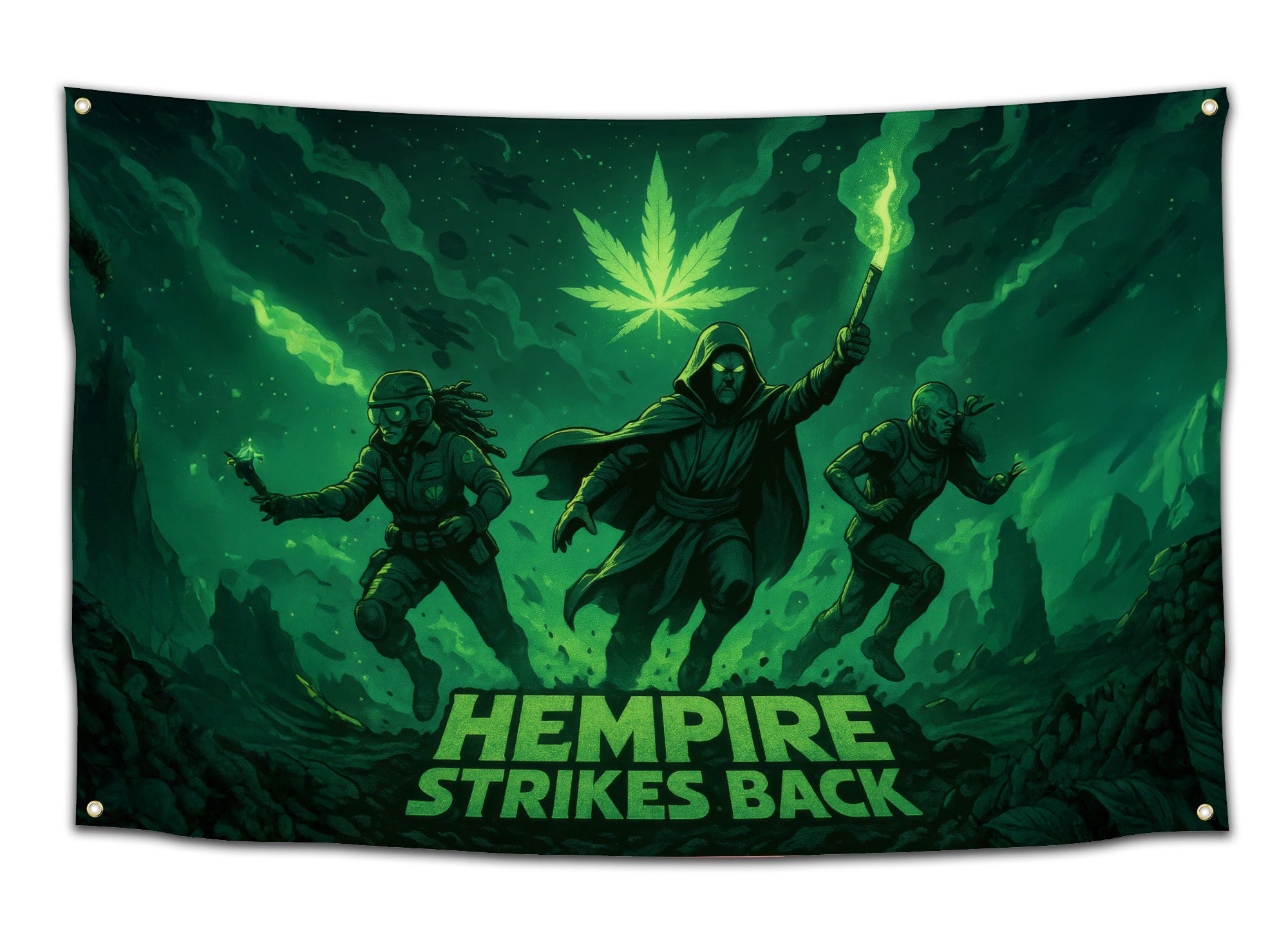 Dynamic sci-fi stoner flag with three space warriors running under a giant glowing cannabis leaf — “Hempire Strikes Back” green vapor design.