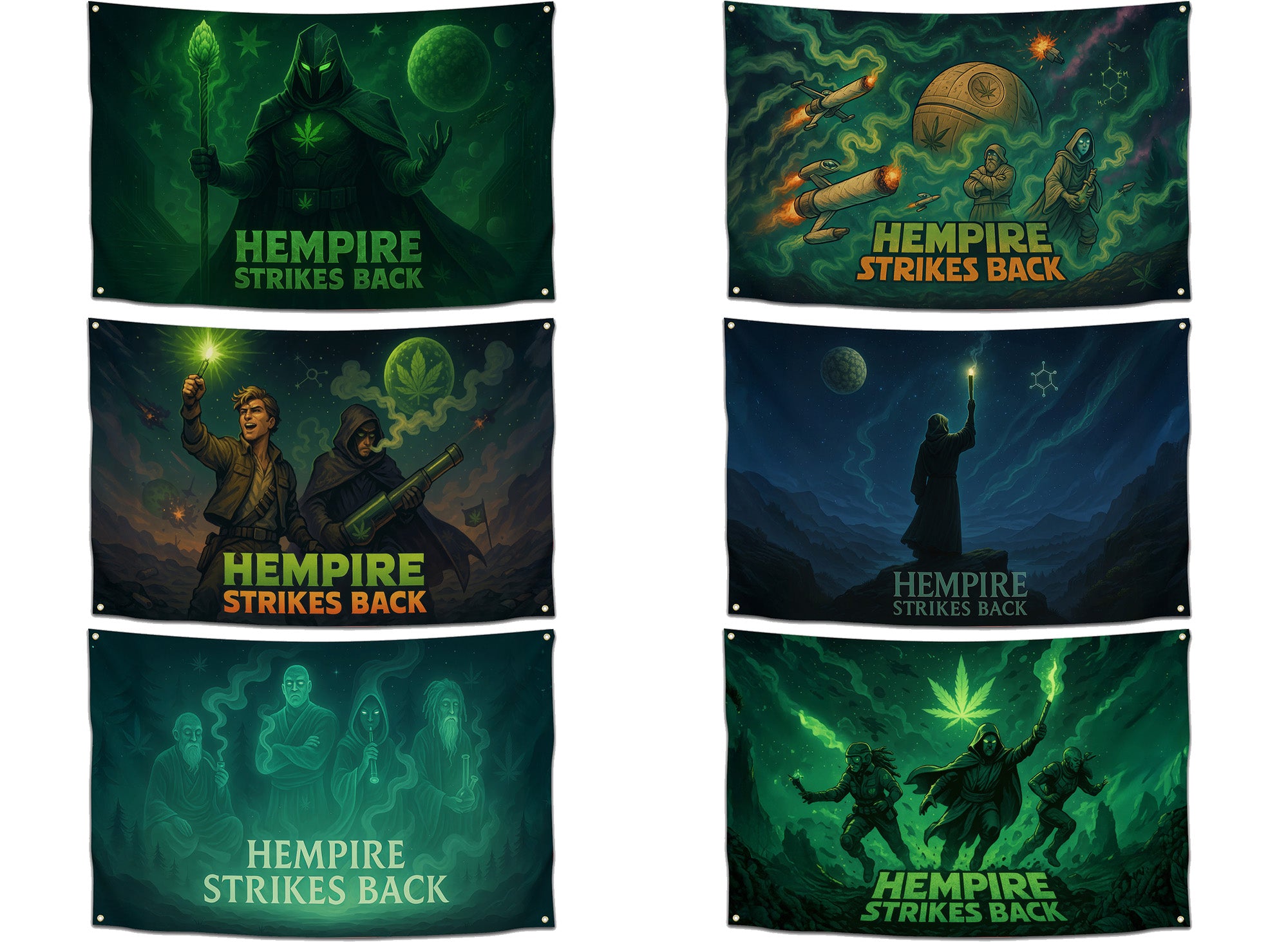 Six “Hempire Strikes Back” flags displayed together — includes galactic villain, rebel duo, space monks, joint-ship battle, lone light hero, and green rebel fighters, arranged in a bright product showcase for comparison.
