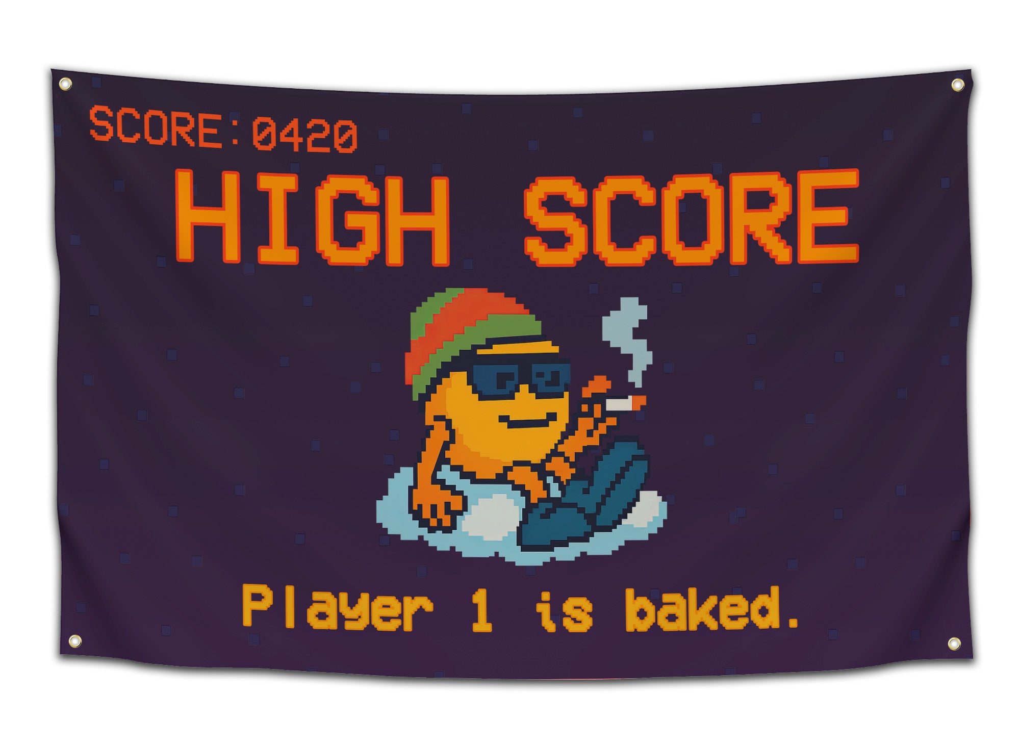 Funny “High Score” gamer flag with retro 8-bit pixel design showing a chill smiley character wearing sunglasses and smoking, with text reading “SCORE: 0420 — Player 1 is baked” on a dark purple background — gaming stoner tapestry by CollegeWares.