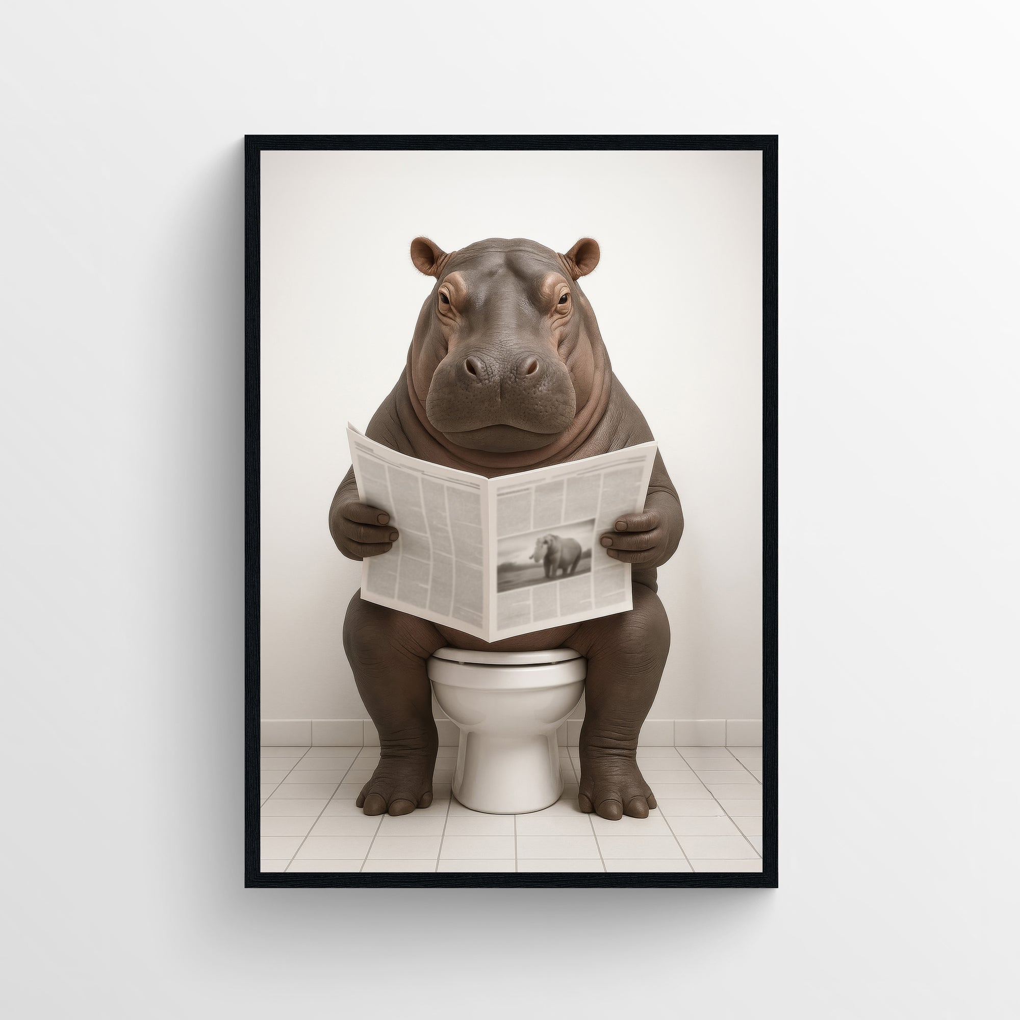 Photorealistic hippopotamus sitting on a toilet reading a newspaper in a minimalist bathroom — funny bathroom poster and animal wall print with clean modern wall art style for apartments and dorms by CollegeWares.
