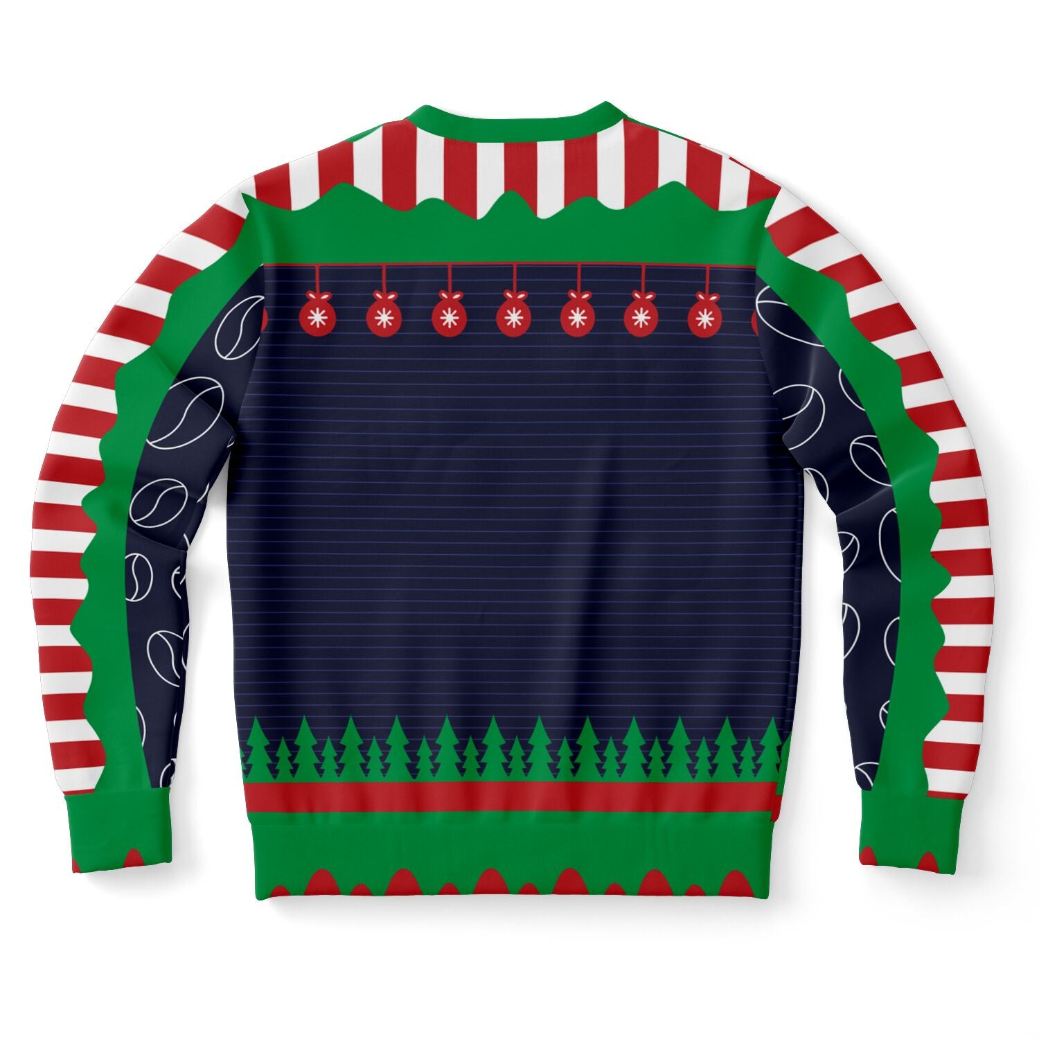 Back view of navy sweater with Christmas tree hem, red ornaments, and festive stripes — bold holiday pattern from CollegeWares.