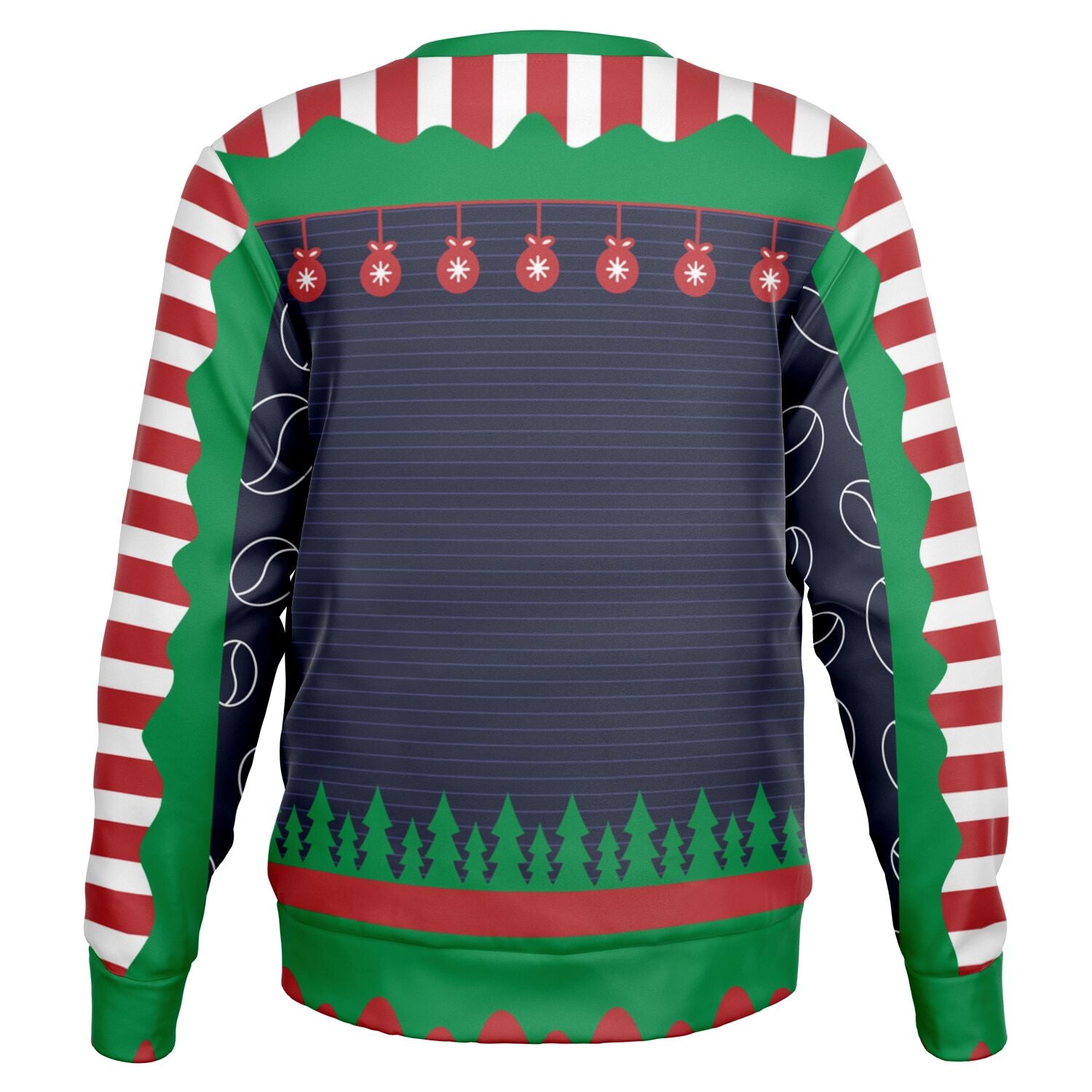 Back view of navy sweater with Christmas tree hem, red ornaments, and festive stripes — bold holiday pattern from CollegeWares.