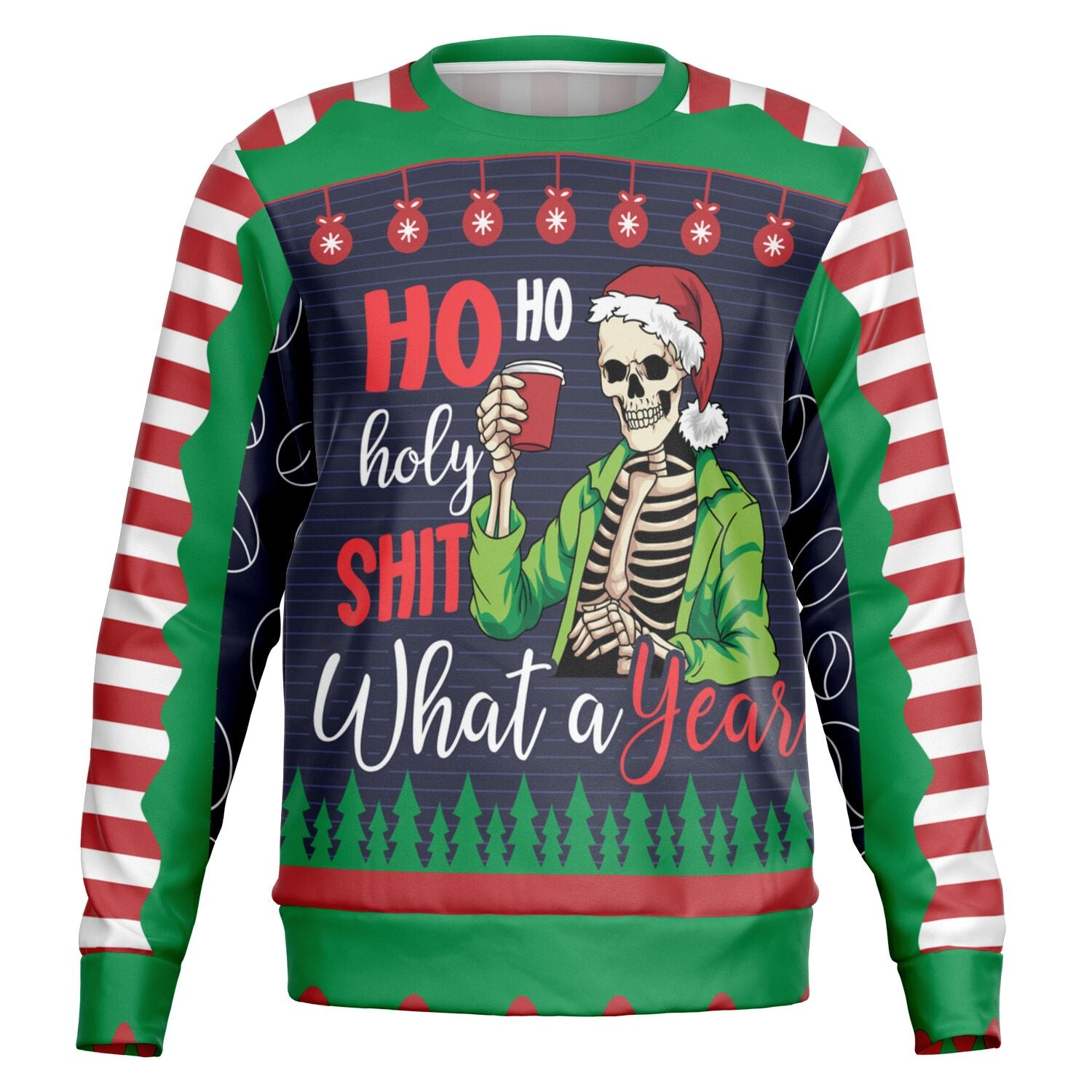 Edgy Christmas sweater featuring a skeleton in a Santa hat with the text “Ho Ho Holy Shit What a Year” — red cup and sarcastic vibes from CollegeWares.