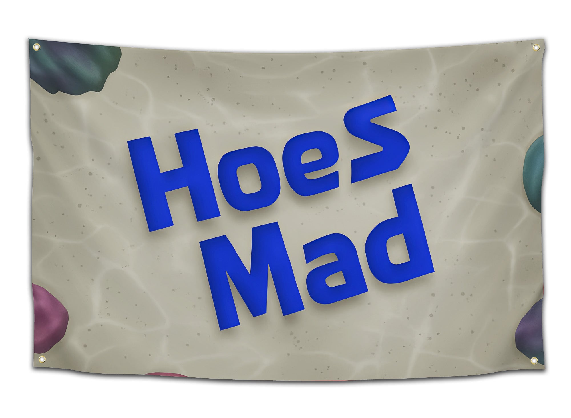 Funny SpongeBob parody flag with bold blue “Hoes Mad” text on a sandy underwater background — meme-style dorm banner for college fans and internet humor lovers from CollegeWares.