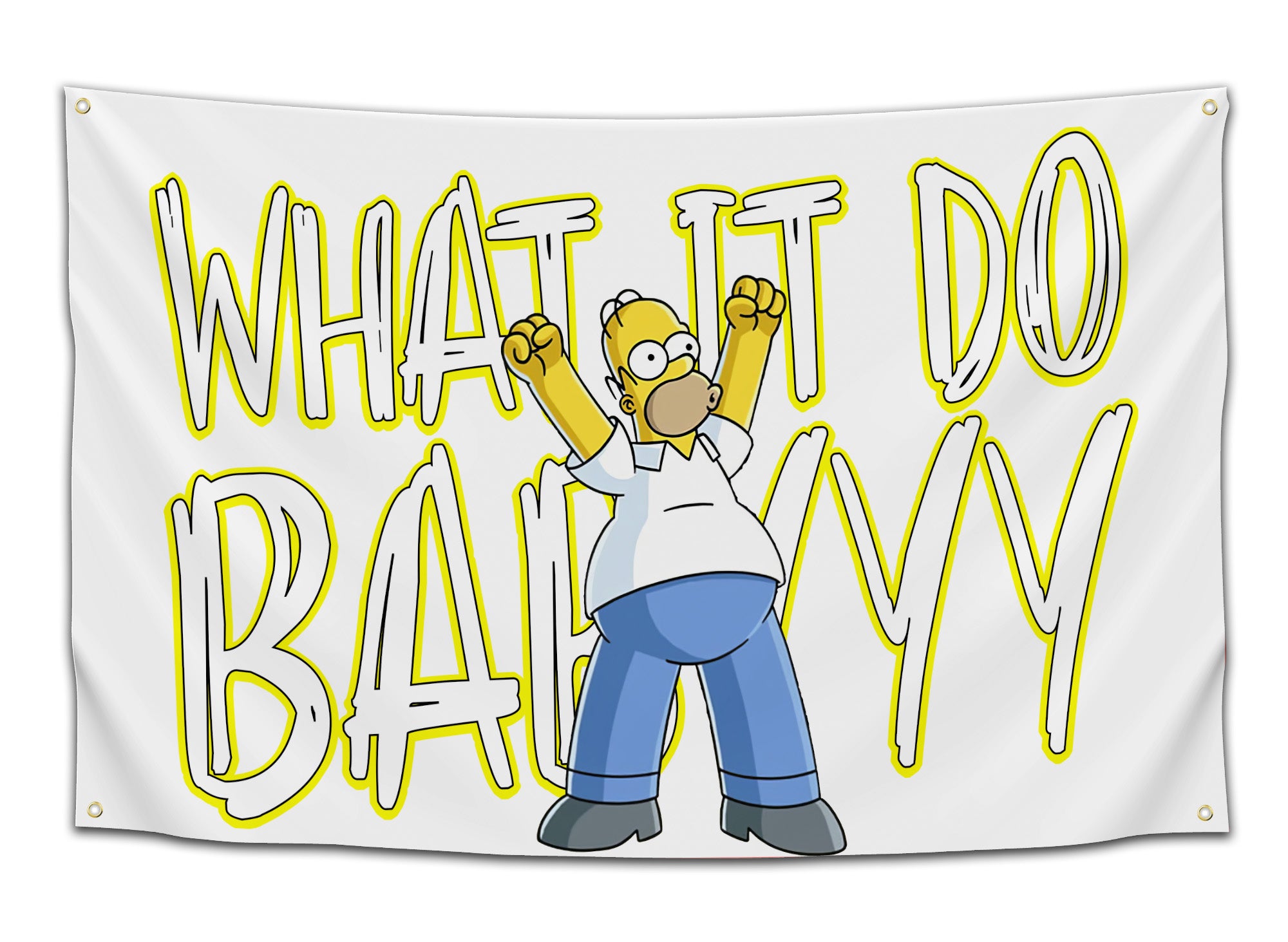 White flag with yellow-outlined text reading “What It Do Babyyy” and a cartoon character raising his arms in celebration — funny meme dorm flag from CollegeWares.