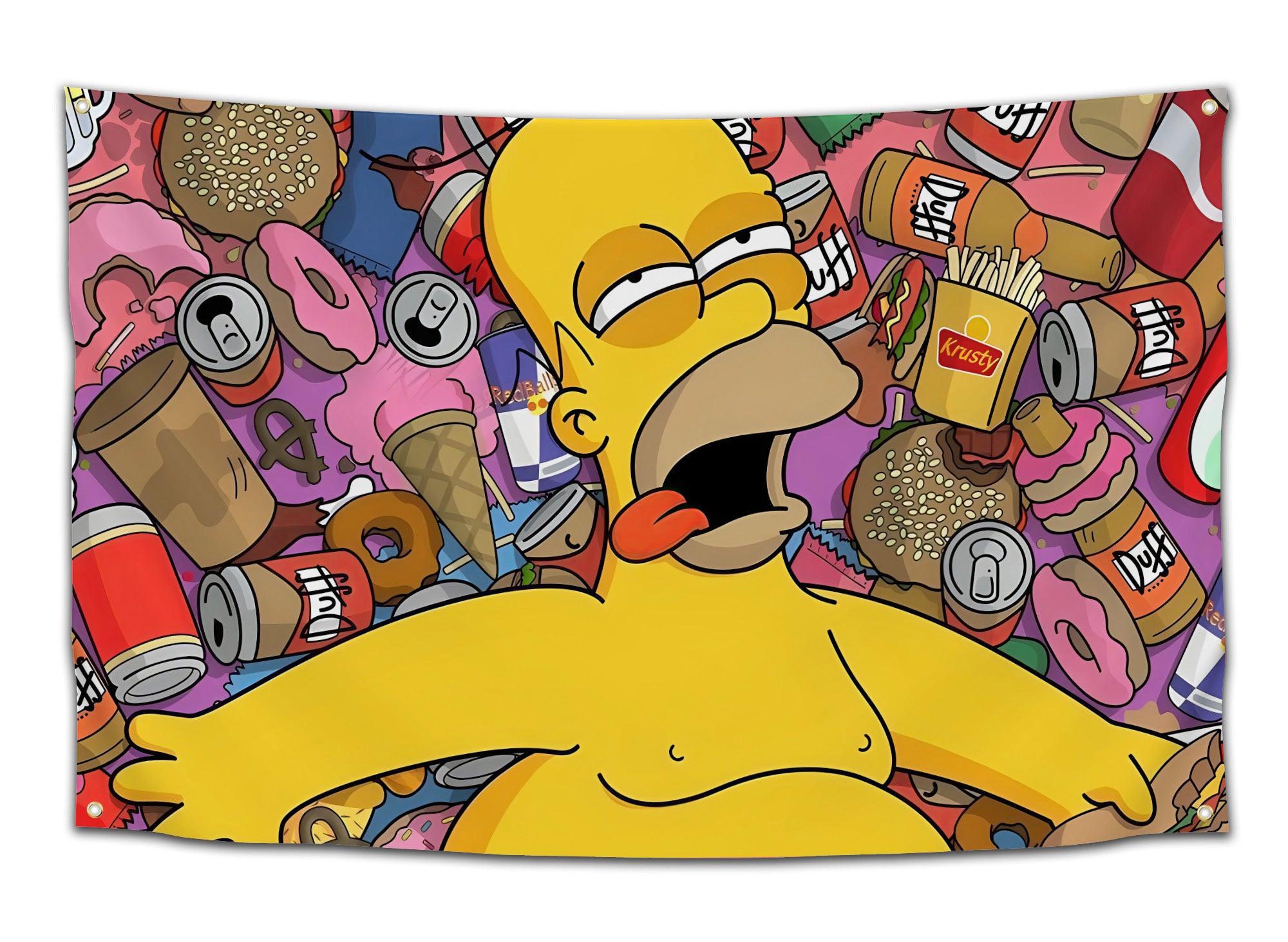 Funny “Homer’s Munchie Overload” flag featuring a cartoon man passed out among donuts, burgers, fries, beer bottles, and soda cans — vibrant junk food tapestry for dorms and party walls by CollegeWares.