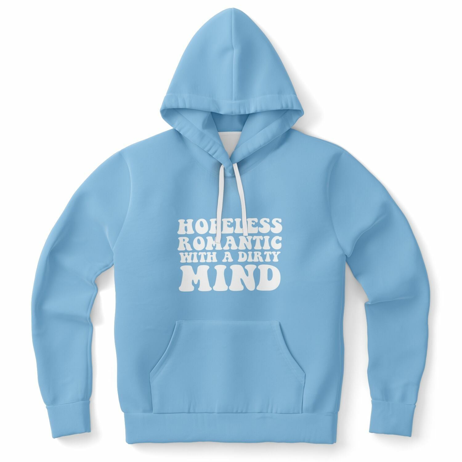 Blue hoodie with white bubble letters reading “Hopeless Romantic with a Dirty Mind” — romantic mischief vibes from CollegeWares.