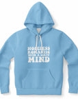 Blue hoodie with white bubble letters reading “Hopeless Romantic with a Dirty Mind” — romantic mischief vibes from CollegeWares.