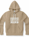 Brown hoodie featuring the phrase “Hopeless Romantic with a Dirty Mind” in large white text — naughty sweetheart aesthetic from CollegeWares.