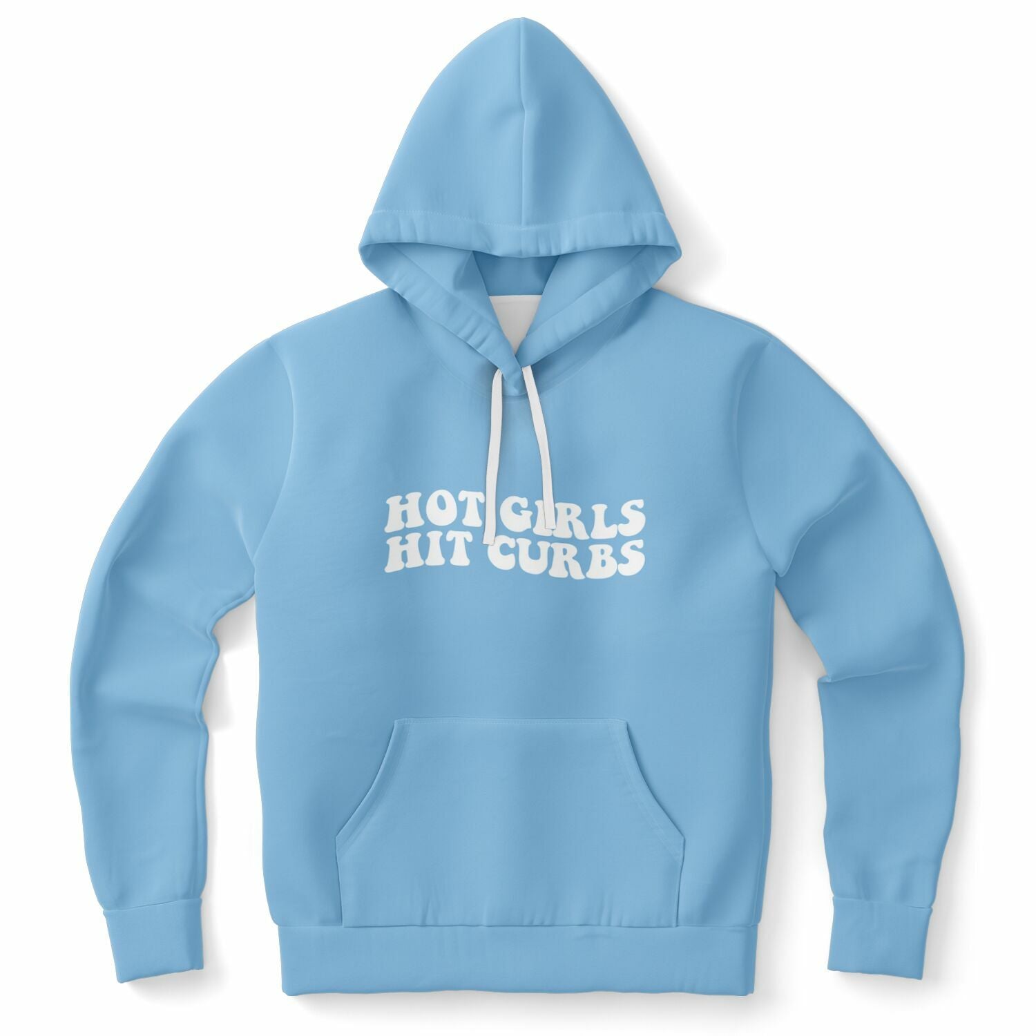 Blue hoodie with “Hot Girls Hit Curbs” printed in chunky white text — flirty, fearless fashion from CollegeWares.