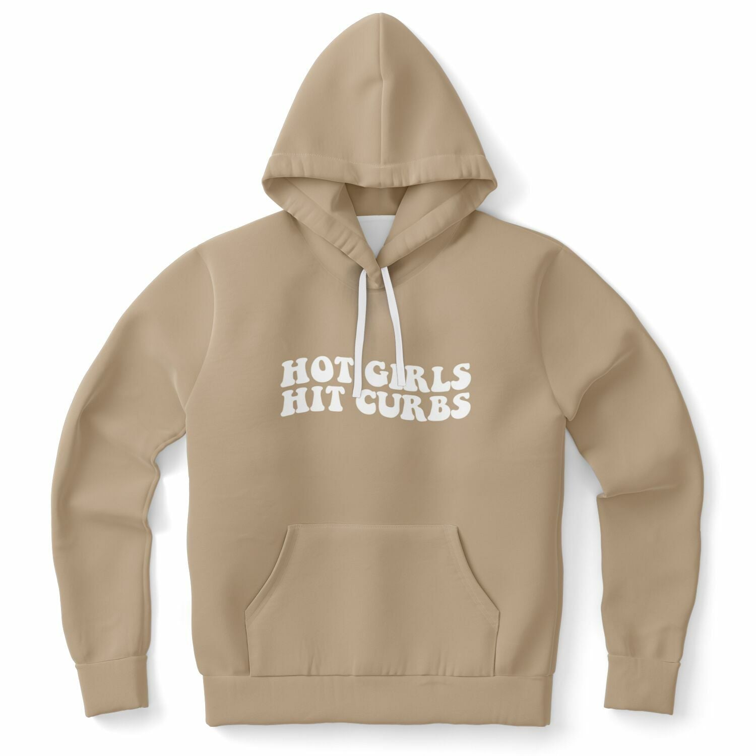 Brown hoodie with white bubble letters saying “Hot Girls Hit Curbs” on the front — confident chaos vibes from CollegeWares.