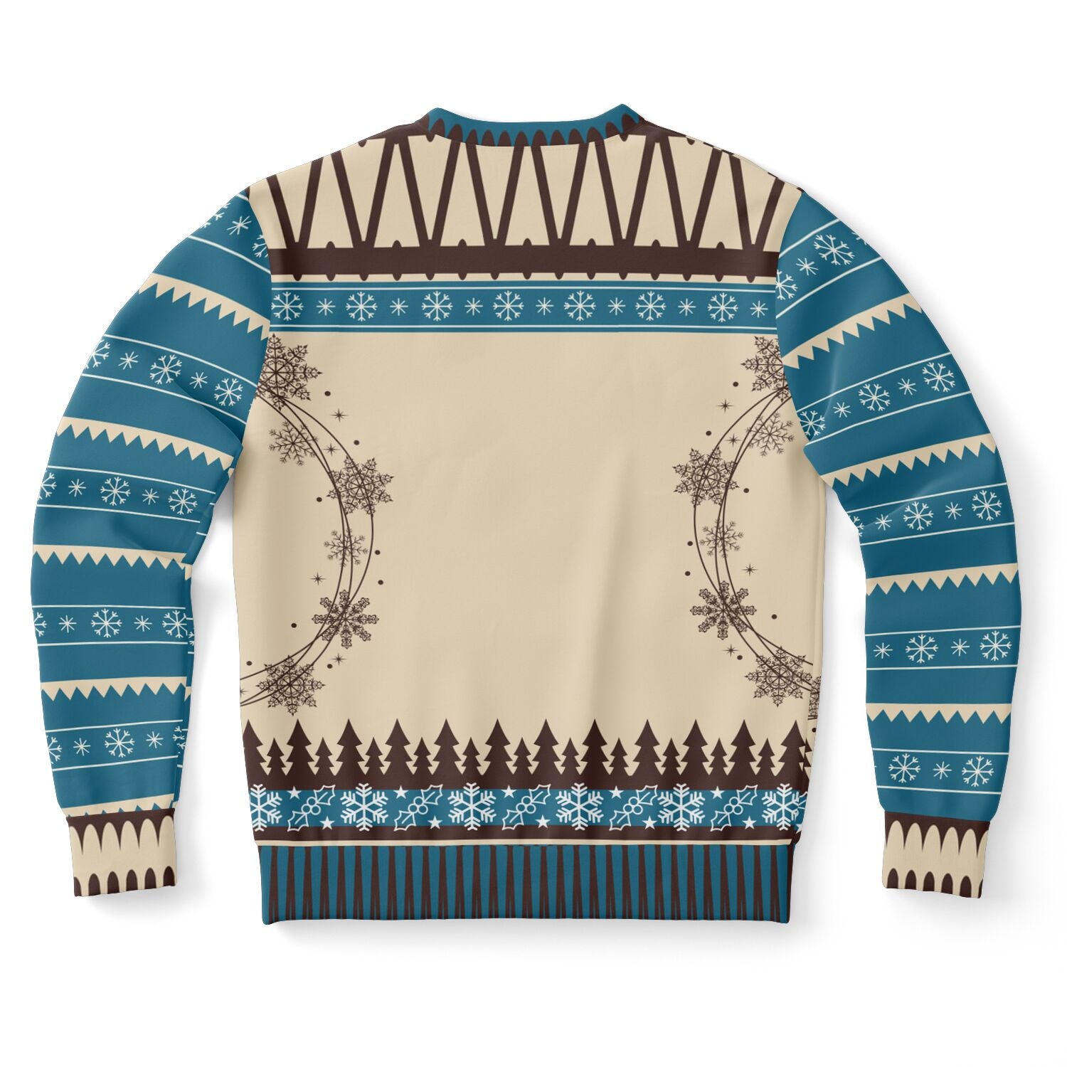 Back view of beige and teal sweater with snowflake borders and forest trees — winter-themed design without text.