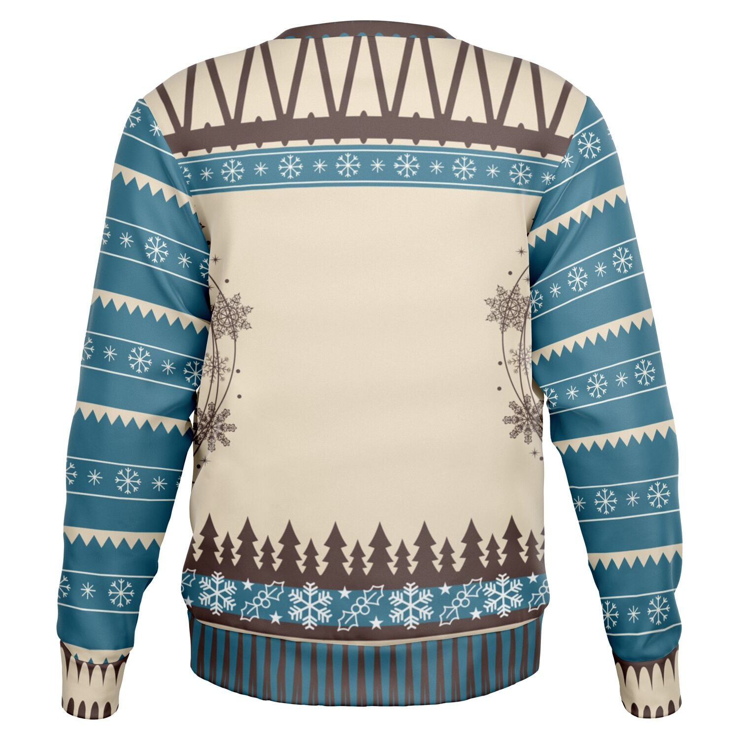 Back view of beige and teal sweater with snowflake borders and forest trees — winter-themed design without text.