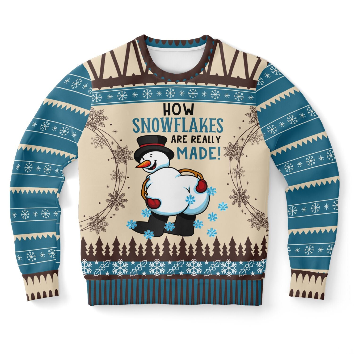 Beige and blue sweater with snowman bent over and “How Snowflakes Are Really Made” text — funny and inappropriate holiday humor by CollegeWares.