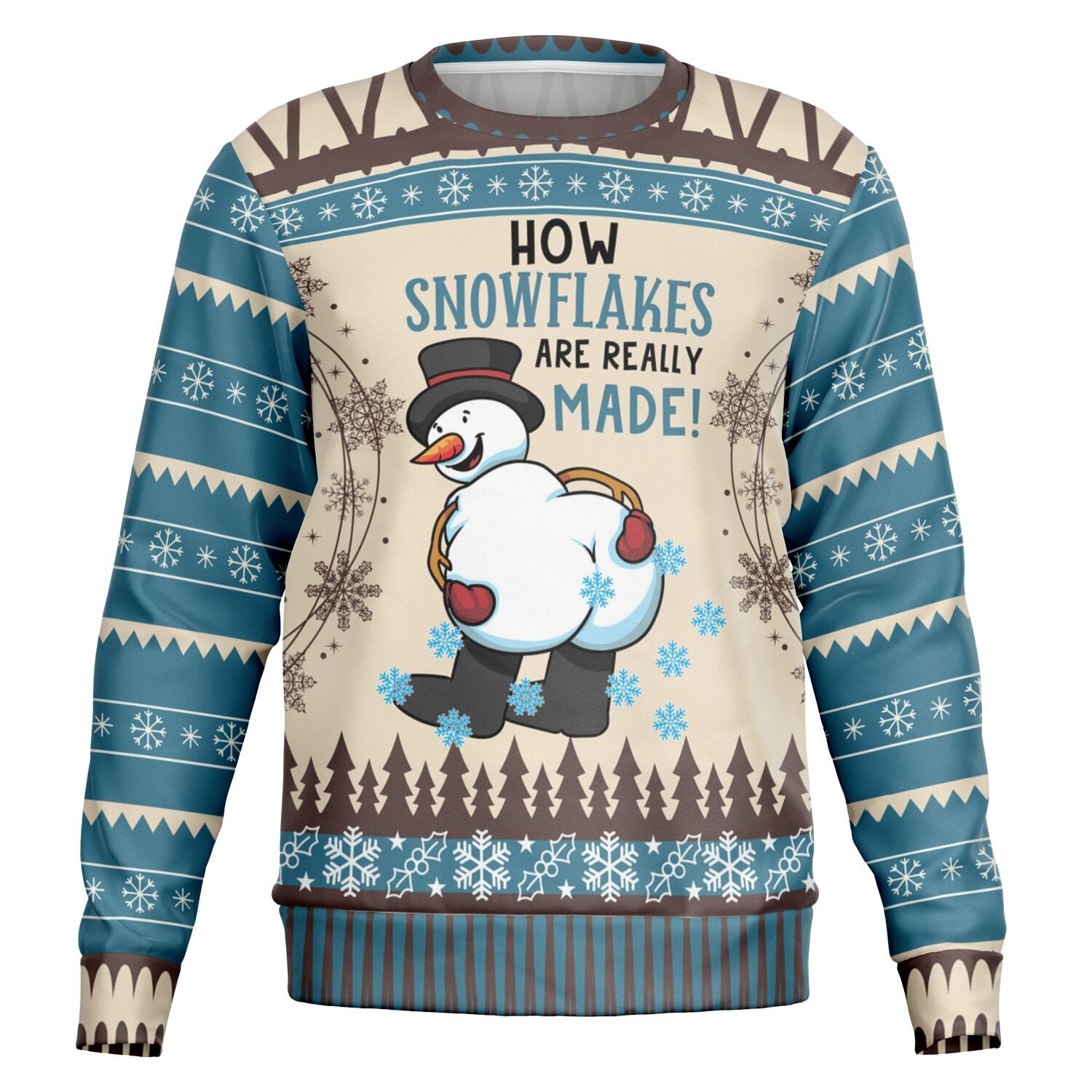 Beige and blue sweater with snowman bent over and “How Snowflakes Are Really Made” text — funny and inappropriate holiday humor by CollegeWares.