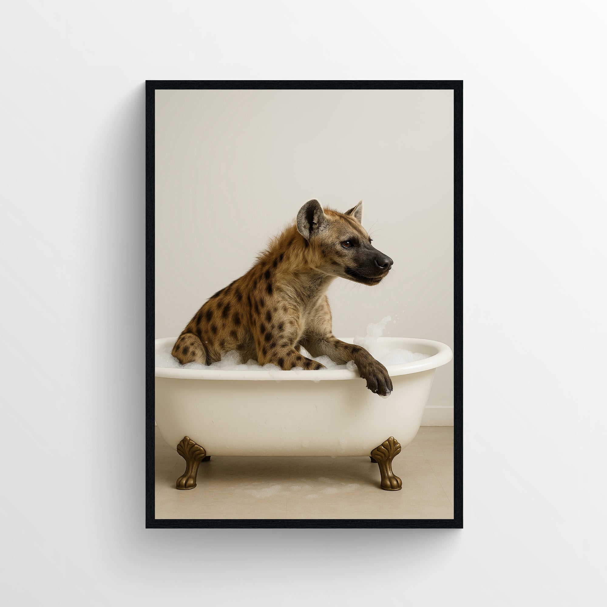 Photorealistic hyena relaxing in a clawfoot bathtub in a minimalist bathroom — funny bathroom poster and animal wall print with clean modern wall art for apartments and dorms by CollegeWares.