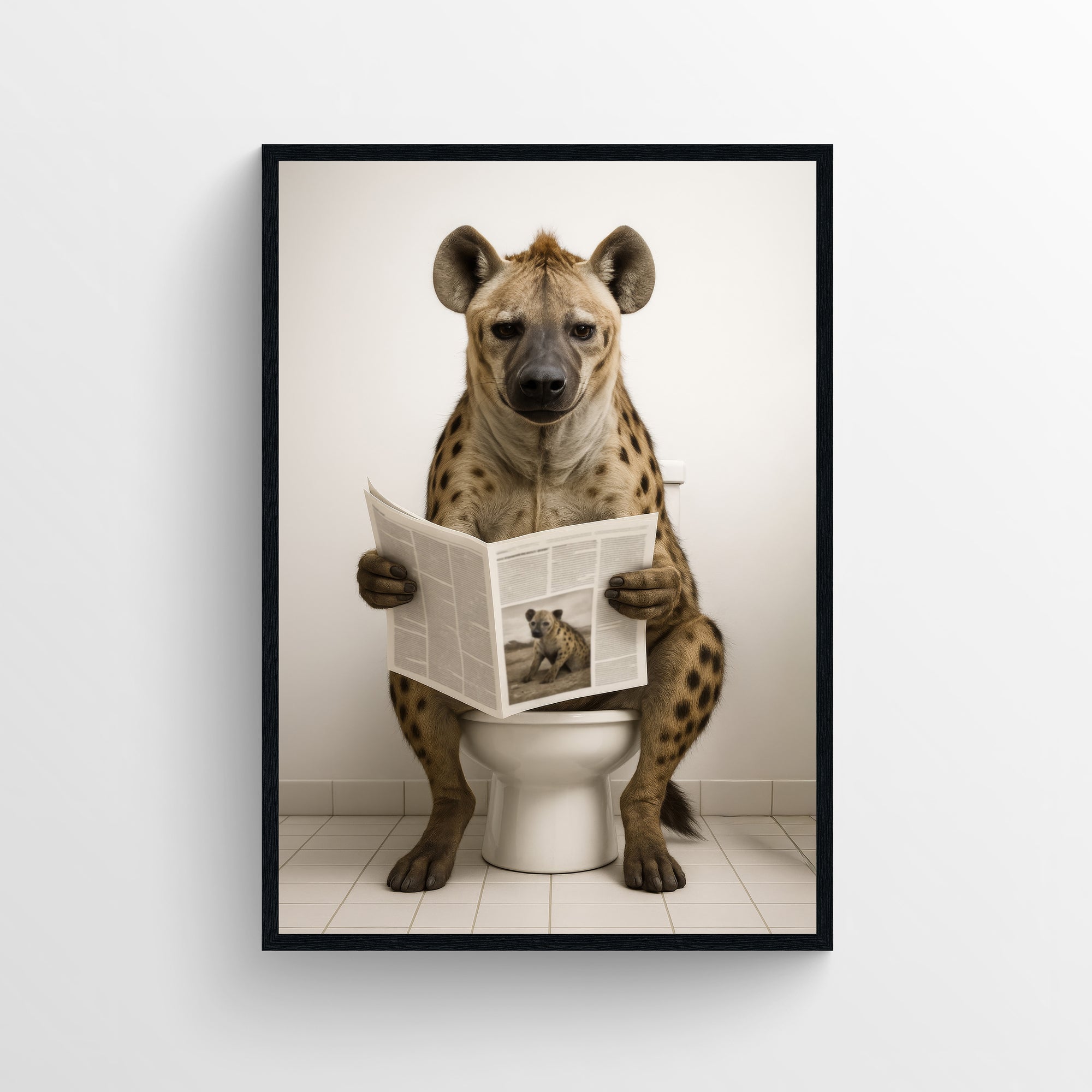 Photorealistic hyena sitting on a toilet reading a newspaper in a minimalist bathroom — funny bathroom poster and animal wall print with clean modern wall art for apartments and dorms by CollegeWares.