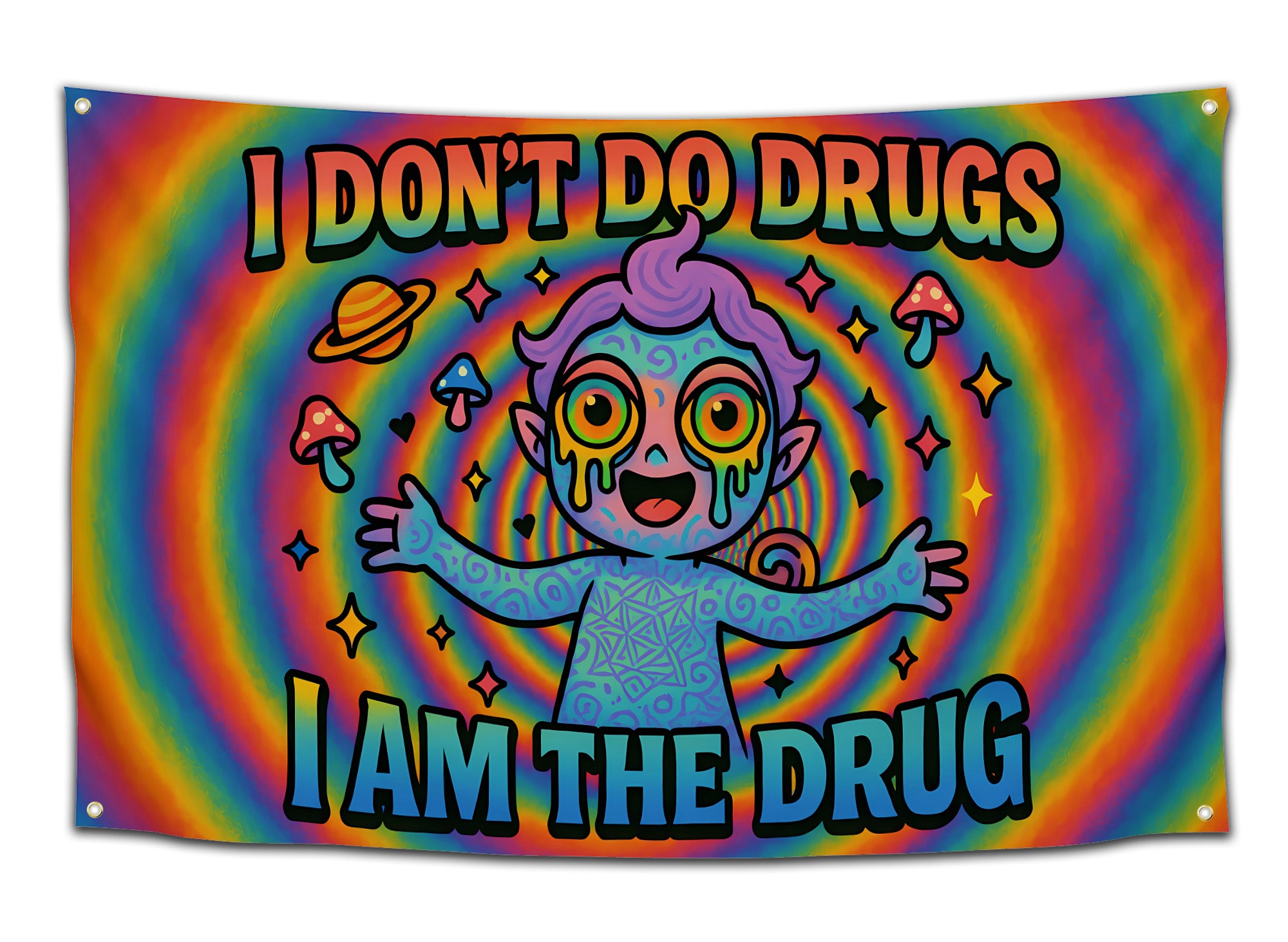 Psychedelic rainbow flag with a wide-eyed elf character covered in swirling tattoos and melting eyeballs, surrounded by stars, mushrooms, and planets — with large trippy font that reads “I Don’t Do Drugs, I Am The Drug.” Wild and colorful college party flag for rave heads and stoner dorm decor by CollegeWares.