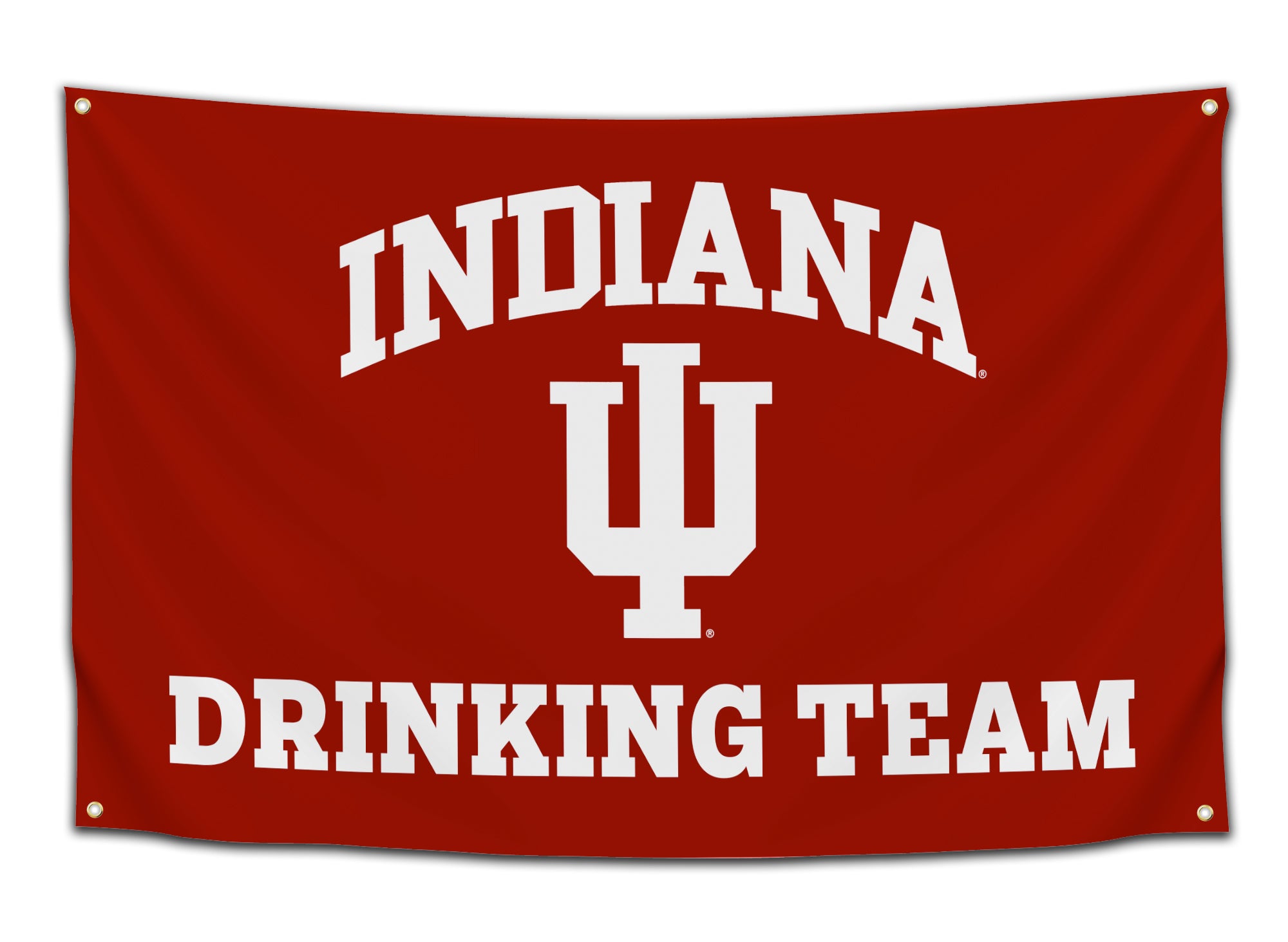 Red flag with bold white collegiate text that reads “Indiana Drinking Team” featuring a white IU-style logo in the center — funny tailgate banner and college dorm decor for party lovers and Indiana students by CollegeWares.