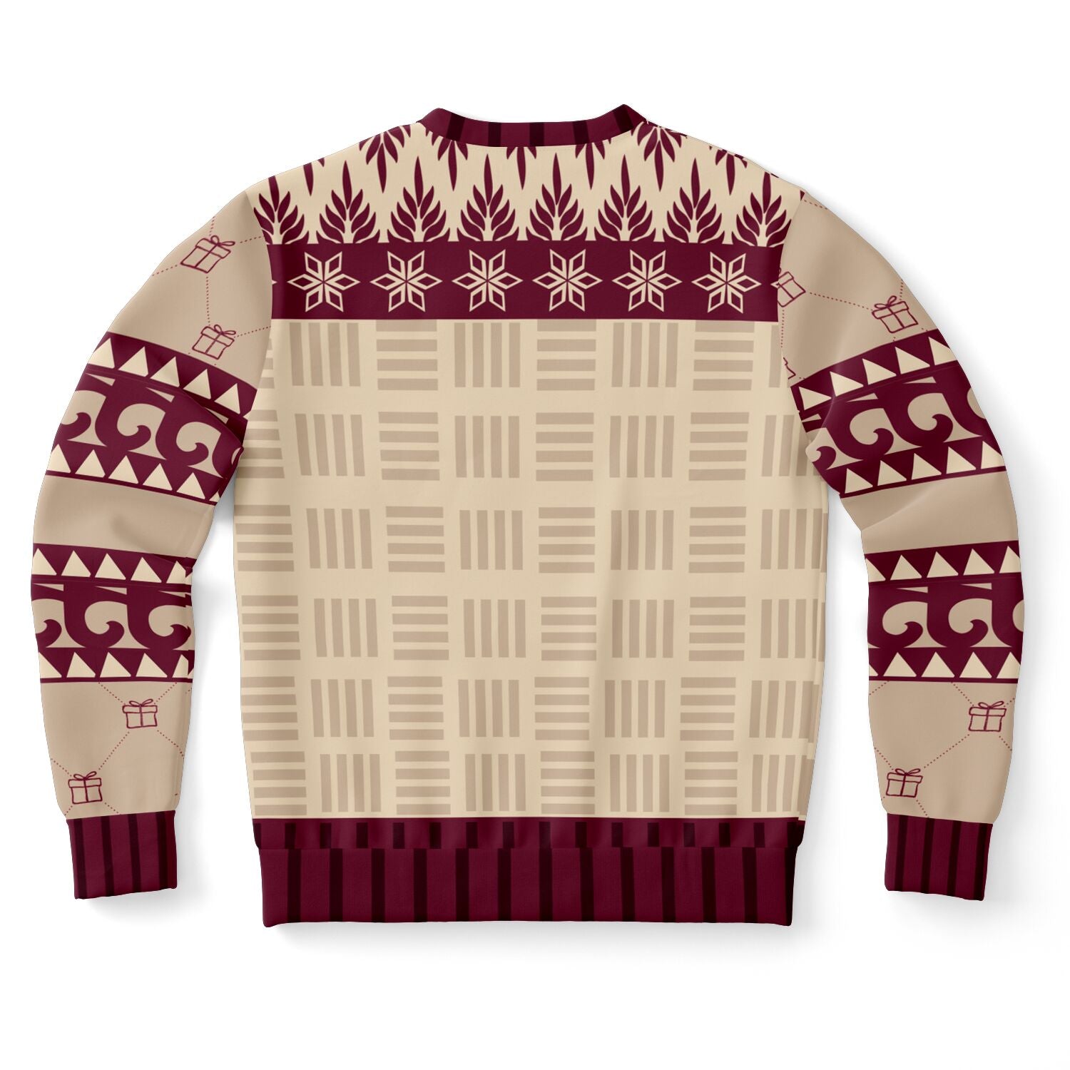 Back view of beige and burgundy sweater with tribal-style accents and no text — bold and festive look by CollegeWares.