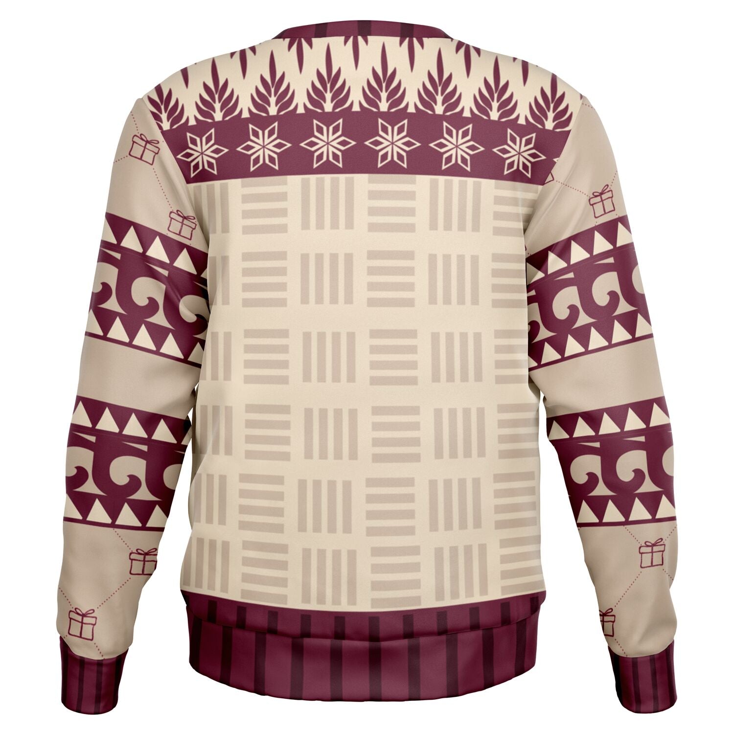 Back view of beige and burgundy sweater with tribal-style accents and no text — bold and festive look by CollegeWares.