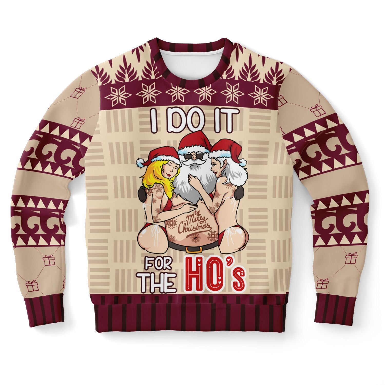 Beige Christmas sweater with “I Do It for the Ho’s” text and sexy Santa graphic with two women — edgy adult holiday humor from CollegeWares.