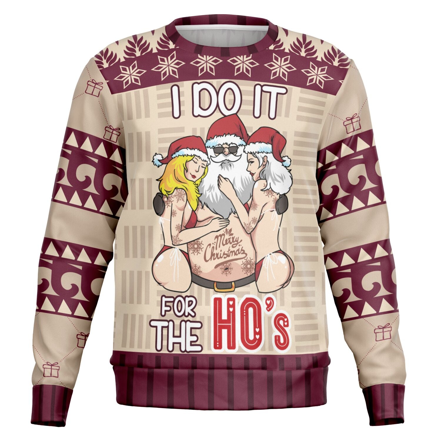 Beige Christmas sweater with “I Do It for the Ho’s” text and sexy Santa graphic with two women — edgy adult holiday humor from CollegeWares.