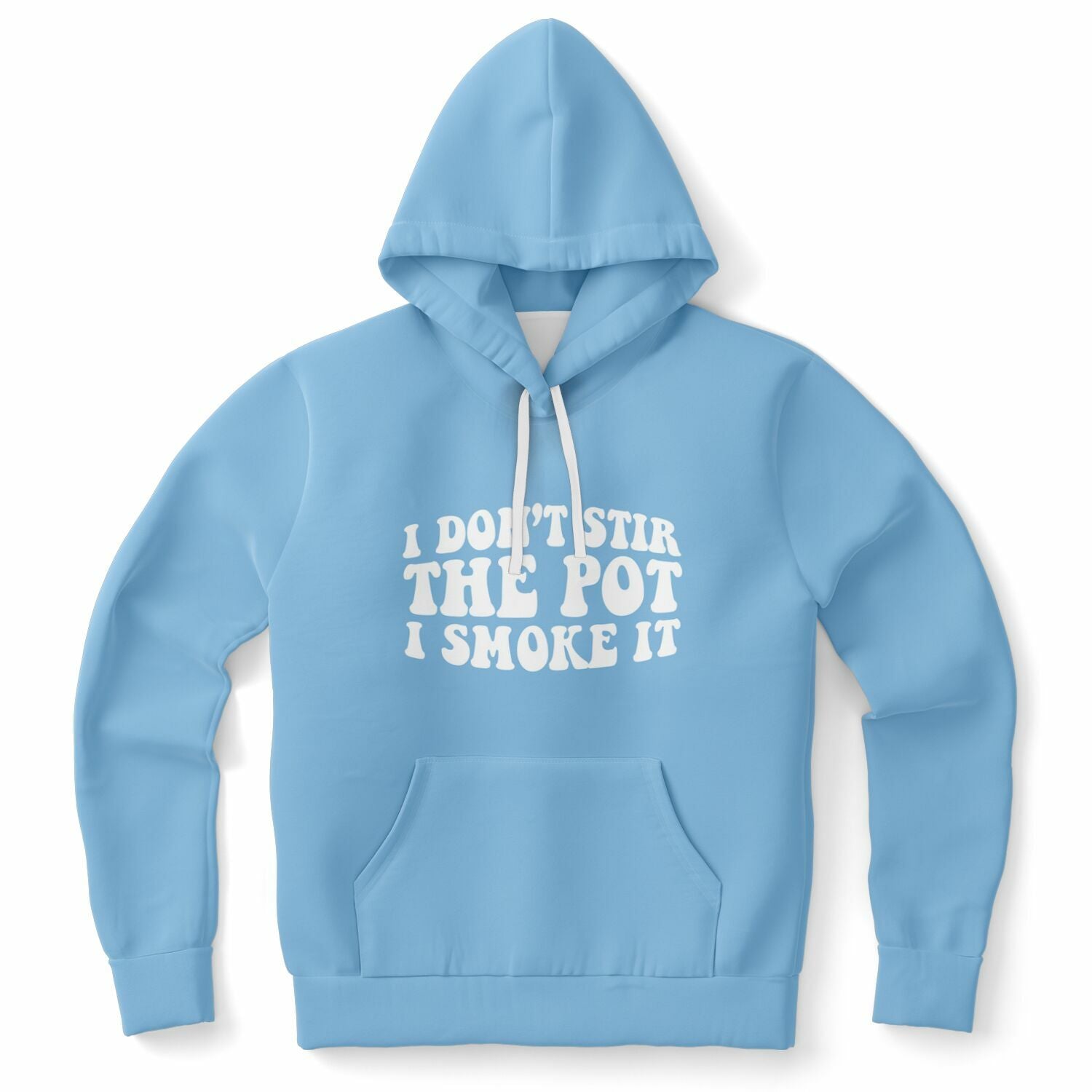 Blue hoodie featuring bold white letters saying “I Don’t Stir The Pot I Smoke It” — mellow, mischief vibes from CollegeWares.