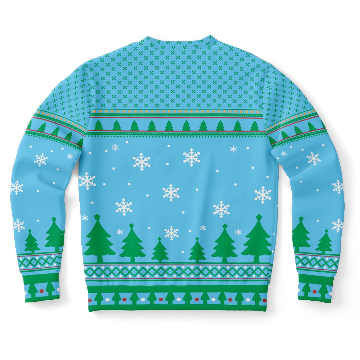 Back view of light blue sweater with green trees and snowflakes — clean, cheeky winter design from CollegeWares.