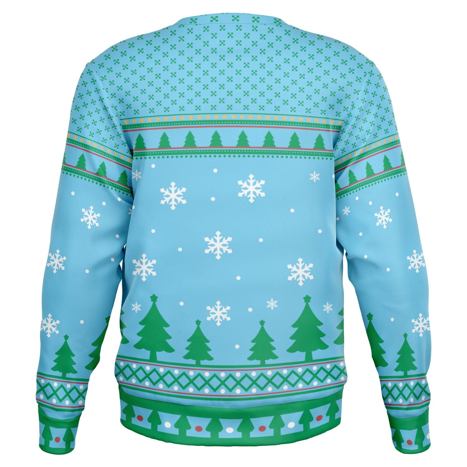 Back view of light blue sweater with green trees and snowflakes — clean, cheeky winter design from CollegeWares.