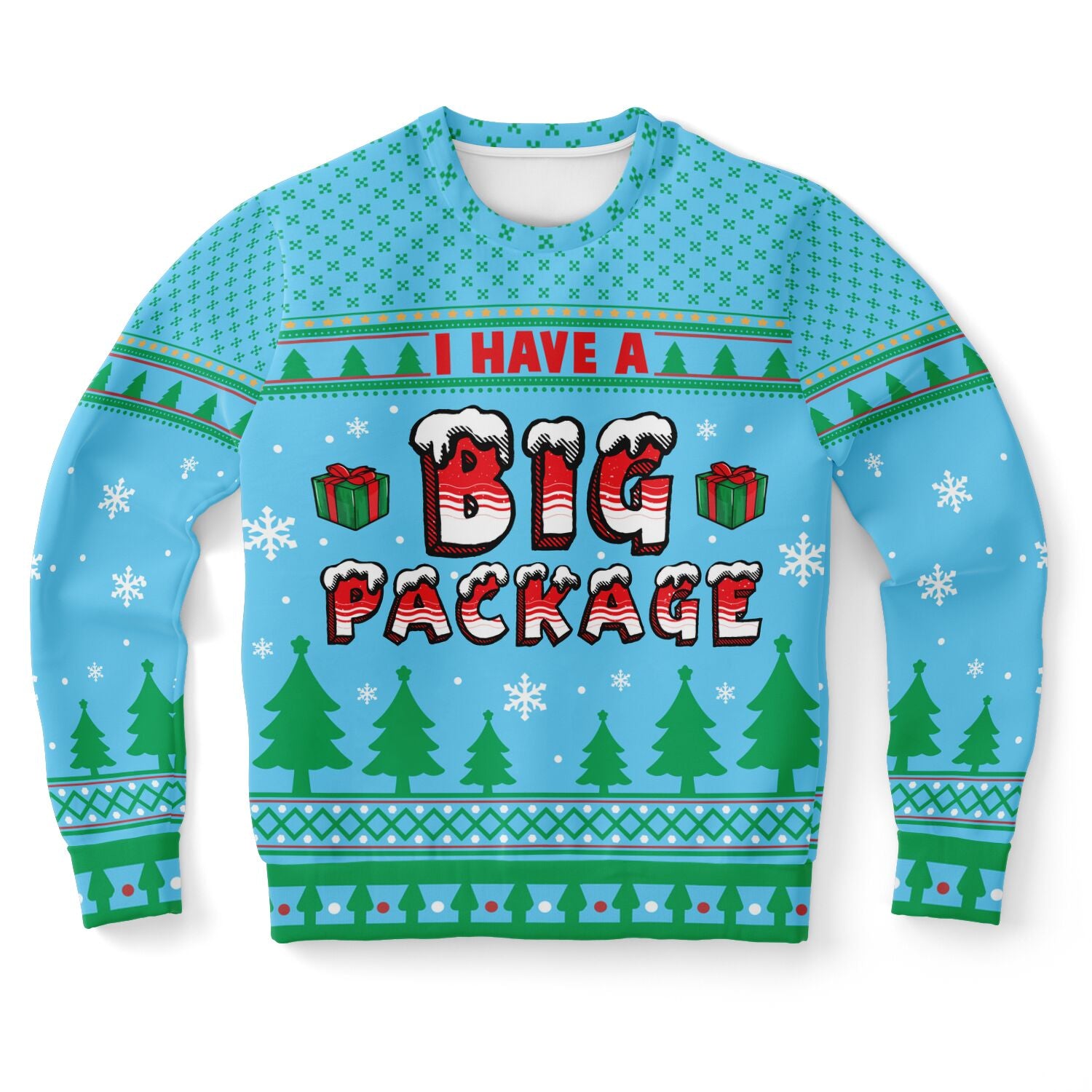 Light blue Christmas sweater with “I Have a Big Package” slogan, wrapped gift graphics, and festive trees — funny and playful holiday humor from CollegeWares.
