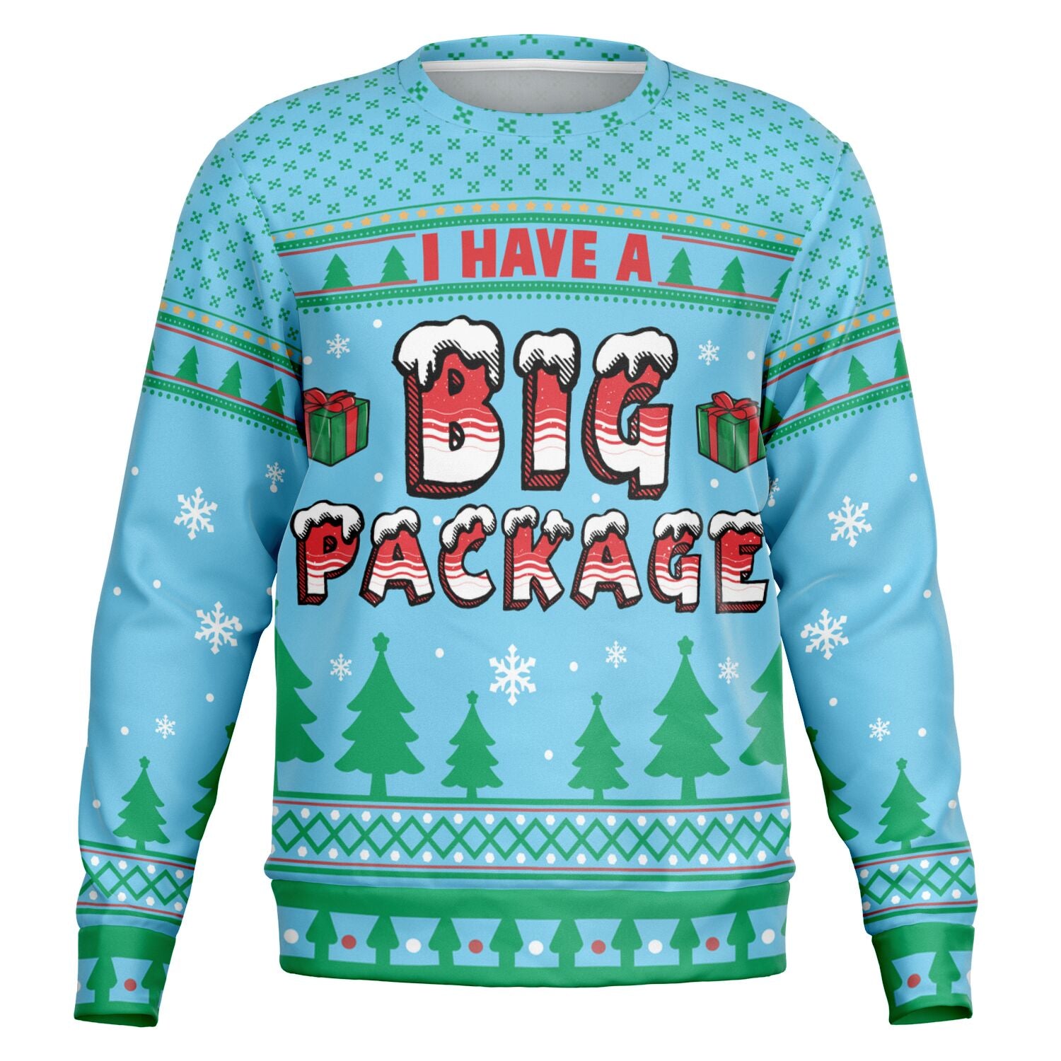 Light blue Christmas sweater with “I Have a Big Package” slogan, wrapped gift graphics, and festive trees — funny and playful holiday humor from CollegeWares.