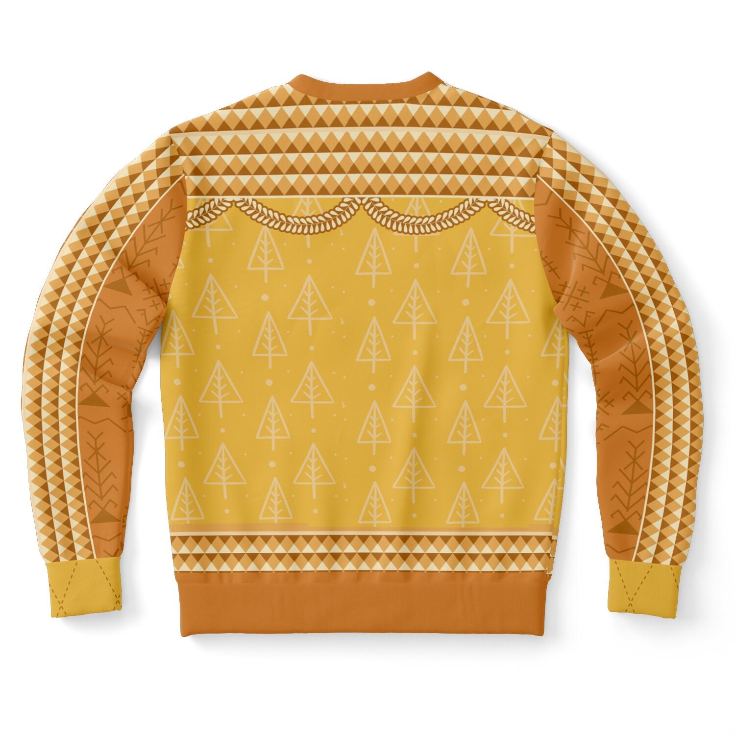 Back view of yellow holiday sweater with geometric fir tree pattern and no text — festive and forest-themed flair from CollegeWares.