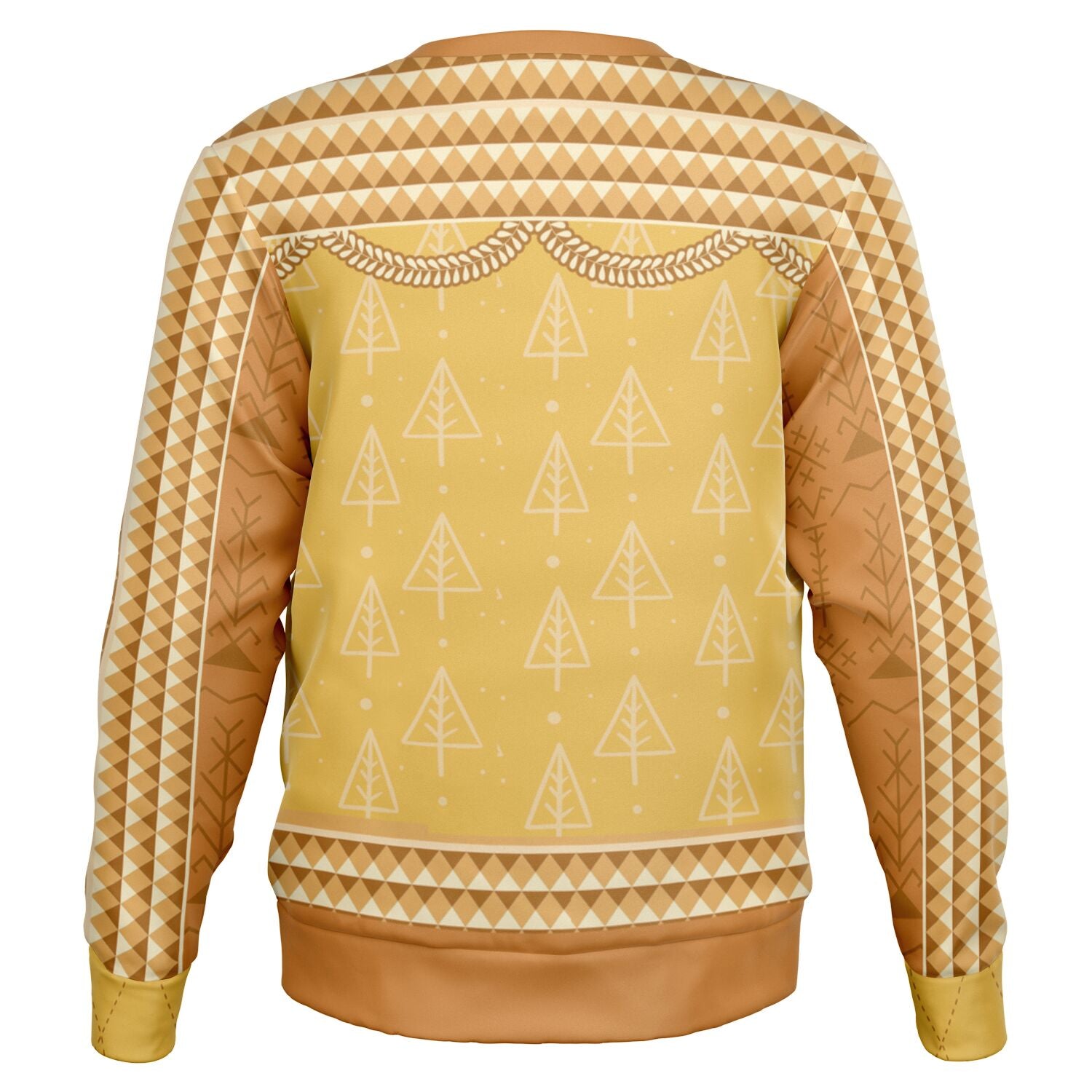 Back view of yellow holiday sweater with geometric fir tree pattern and no text — festive and forest-themed flair from CollegeWares.