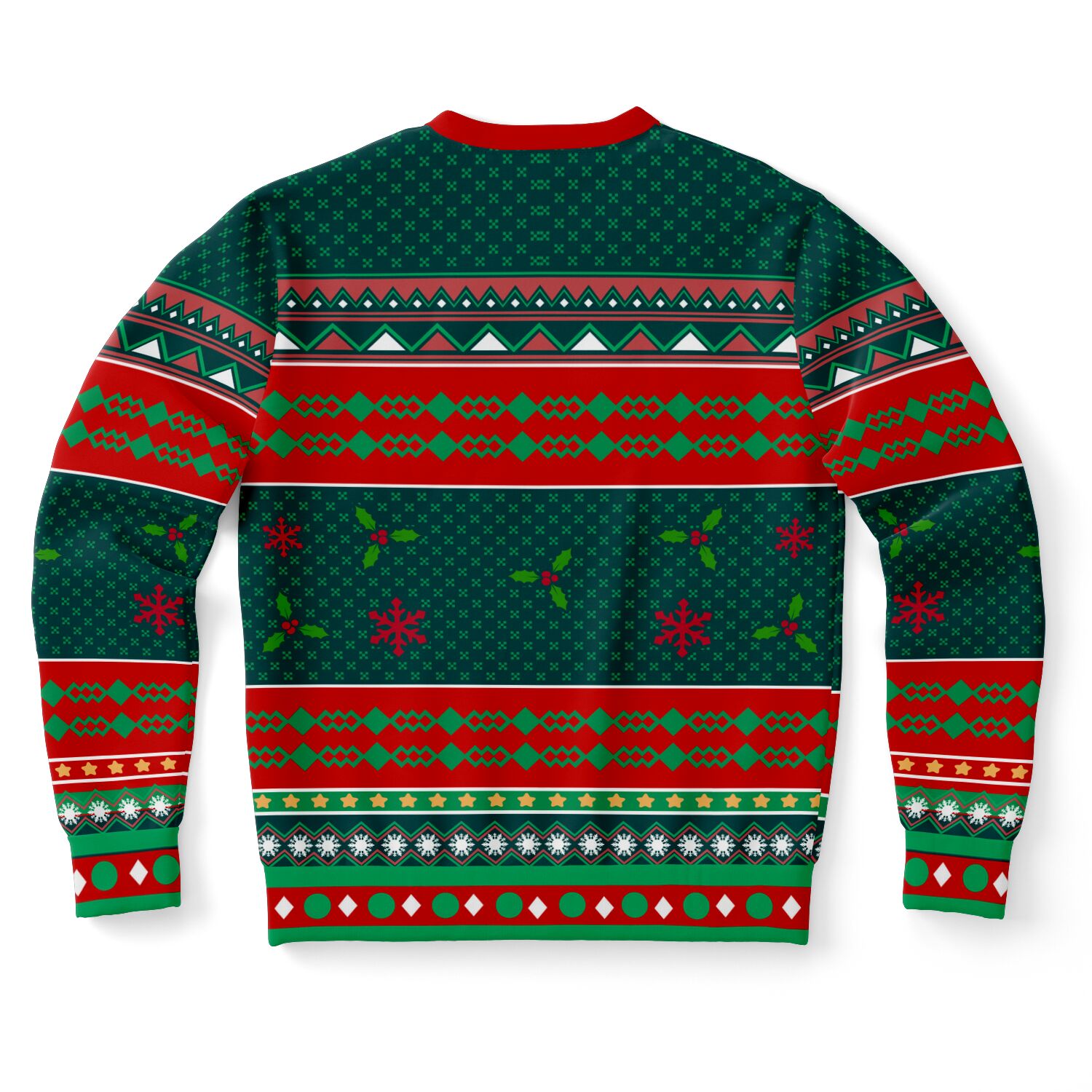 Back view of green and red sweater with snowflakes, holly, and geometric patterns — festive and edgy look from CollegeWares.