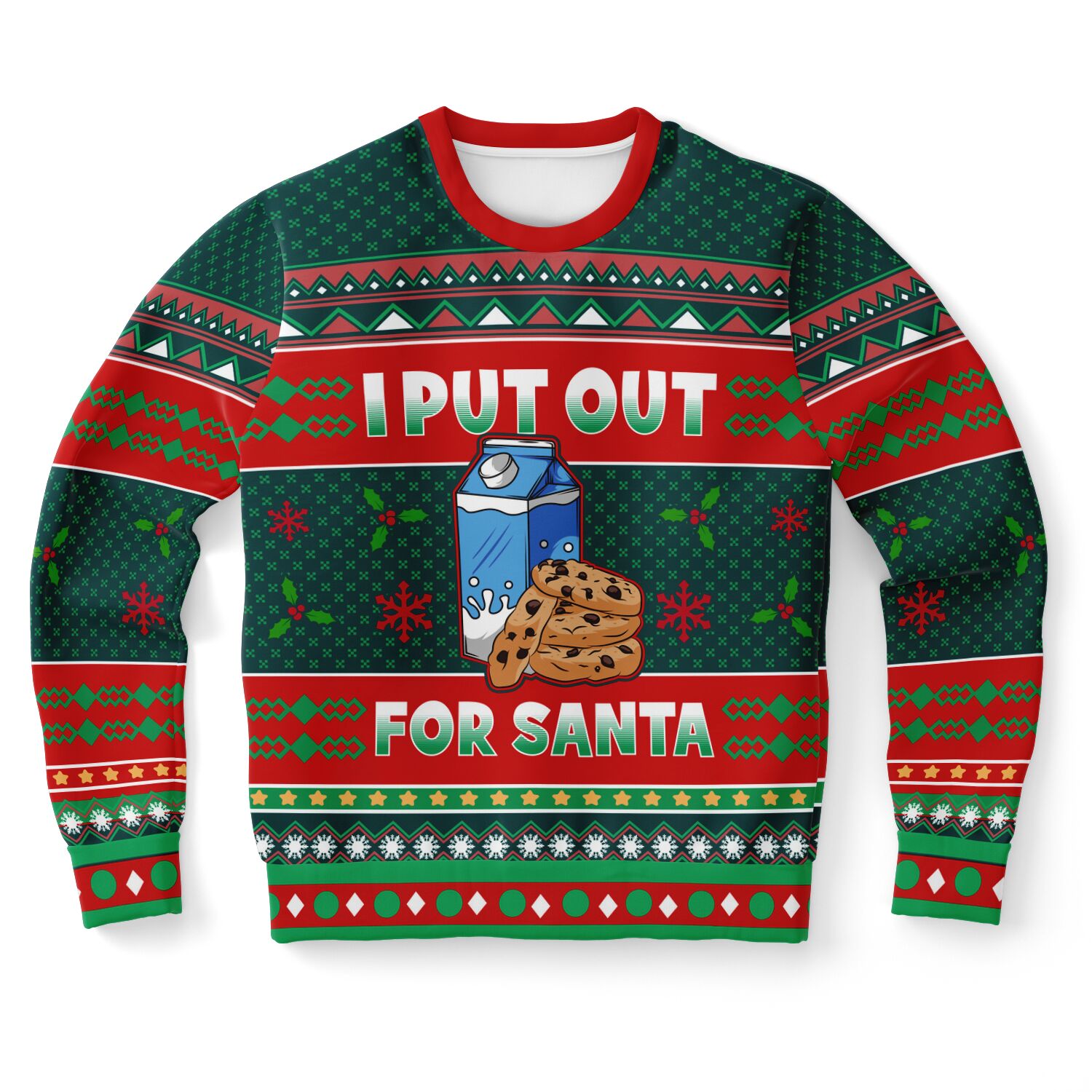 Green and red Christmas sweater with milk carton, cookies, and “I Put Out for Santa” quote — funny adult holiday design from CollegeWares.
