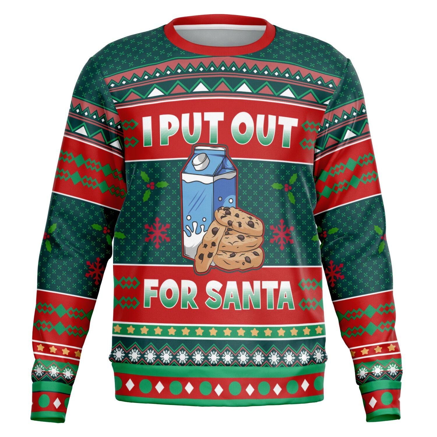 Green and red Christmas sweater with milk carton, cookies, and “I Put Out for Santa” quote — funny adult holiday design from CollegeWares.