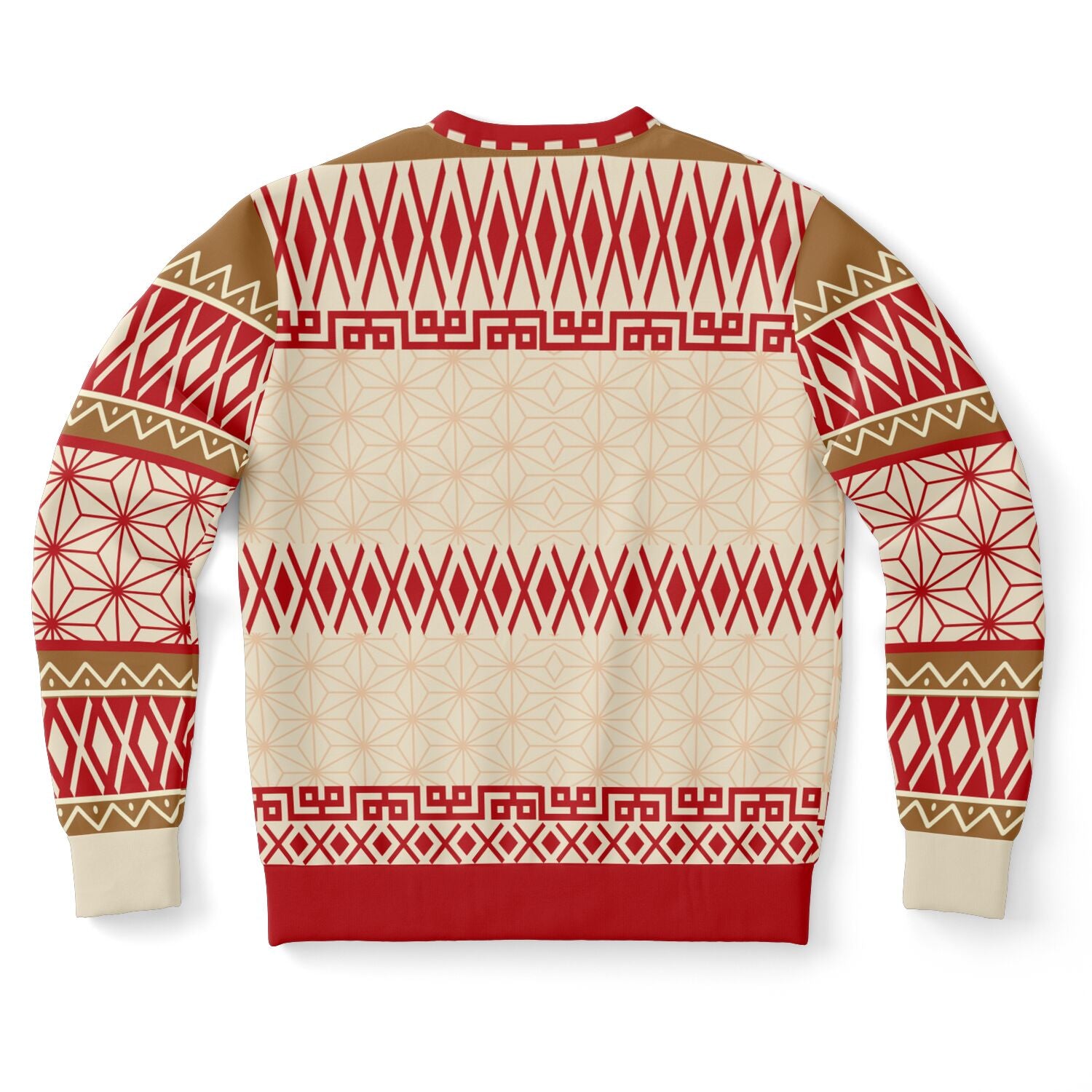 Back view of cream and red sweater with geometric holiday patterns and no text — cozy and playful design from CollegeWares.