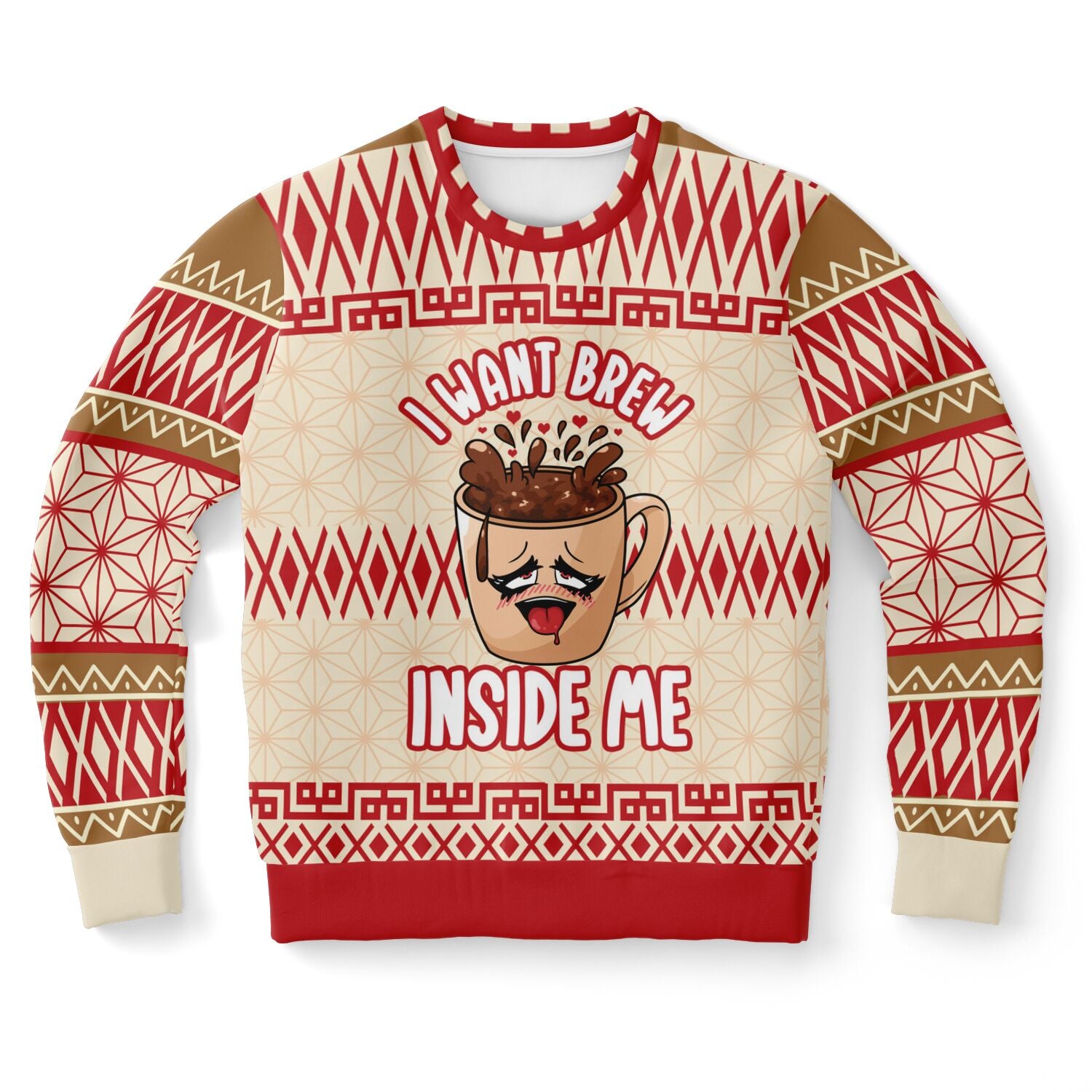Cream and red Christmas sweater with “I Want Brew Inside Me” slogan and cartoon coffee mug — cheeky caffeine humor from CollegeWares.
